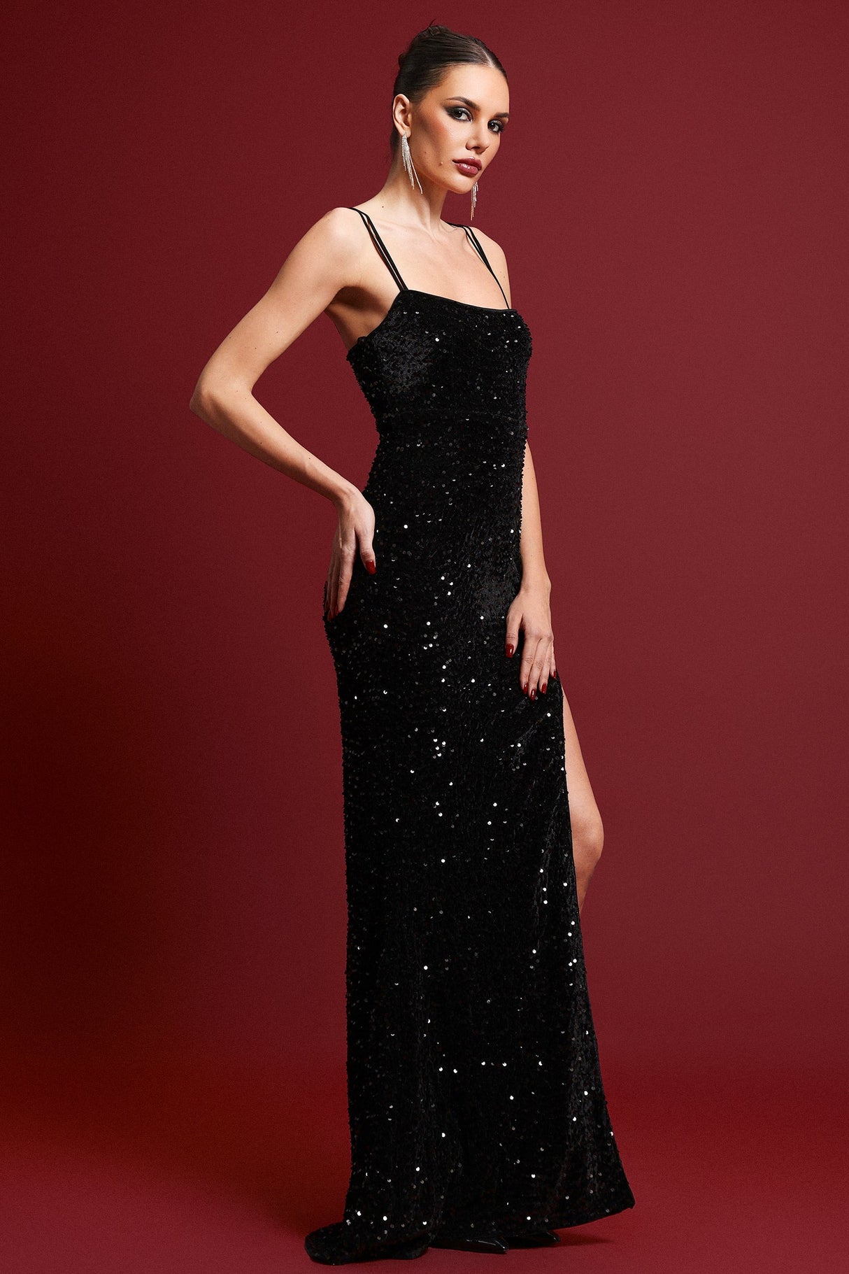 Esther Black Sequin Slit Dress