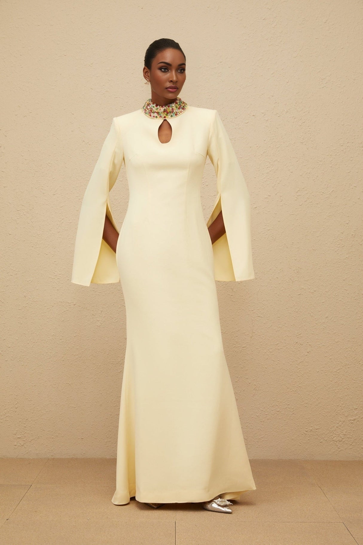 Esther Gown - Mock Neck - Split Sleeves - Fitted Waist - Keyhole Detailing - Bead & Crystal Embellishment