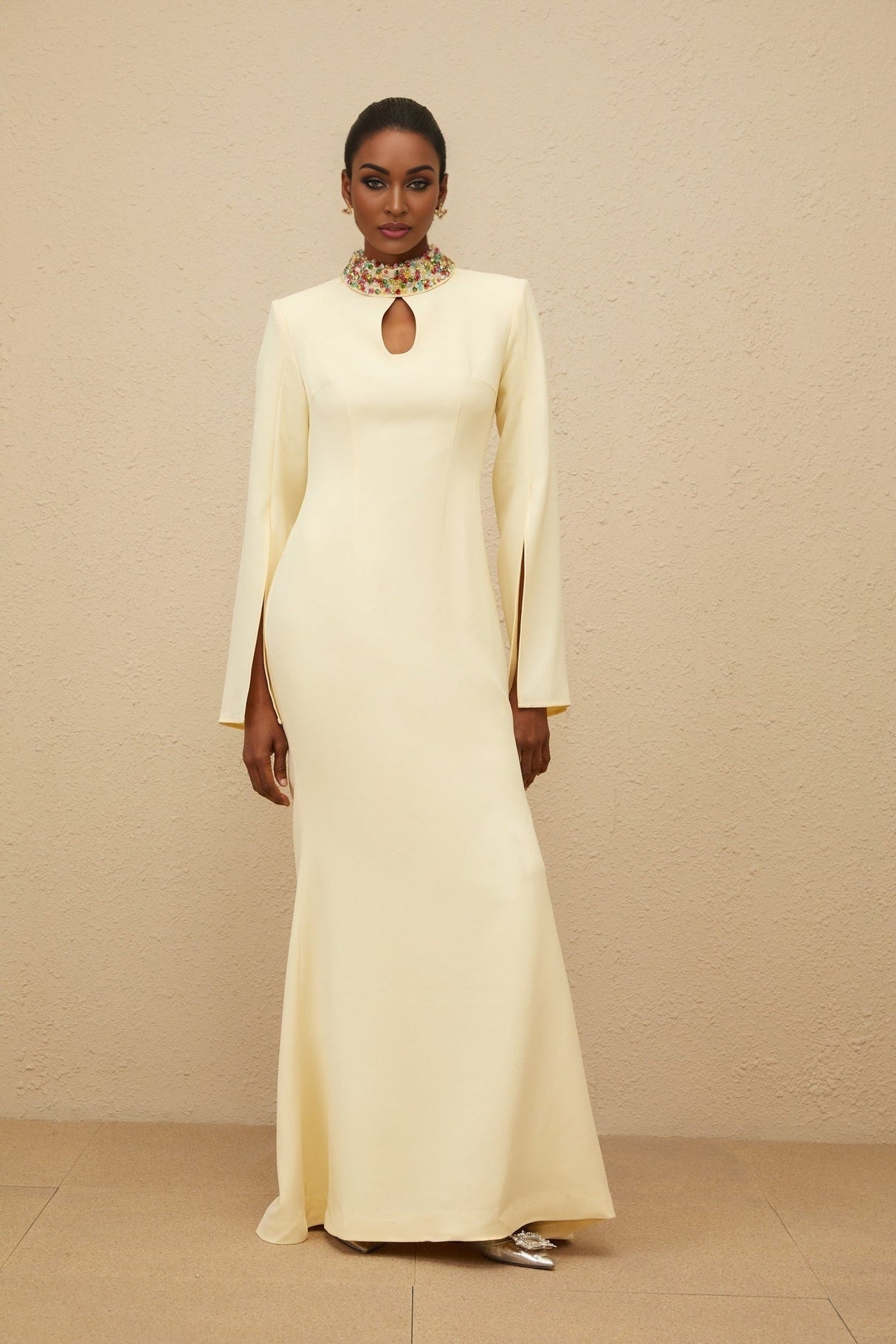 Esther Gown - Mock Neck - Split Sleeves - Fitted Waist - Keyhole Detailing - Bead & Crystal Embellishment