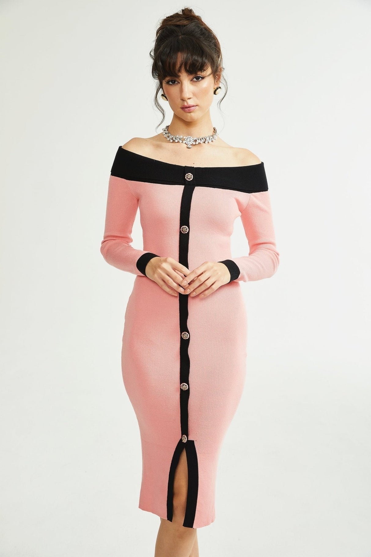Esther Midi Dress - Off the Shoulder - Contrast Colors - Knitted Construction