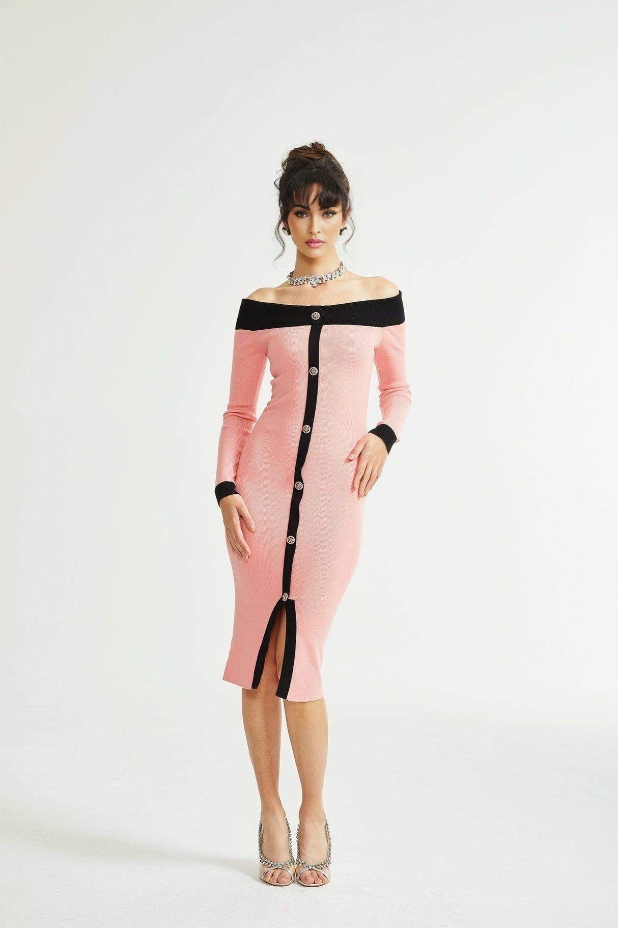 Esther Midi Dress - Off the Shoulder - Contrast Colors - Knitted Construction