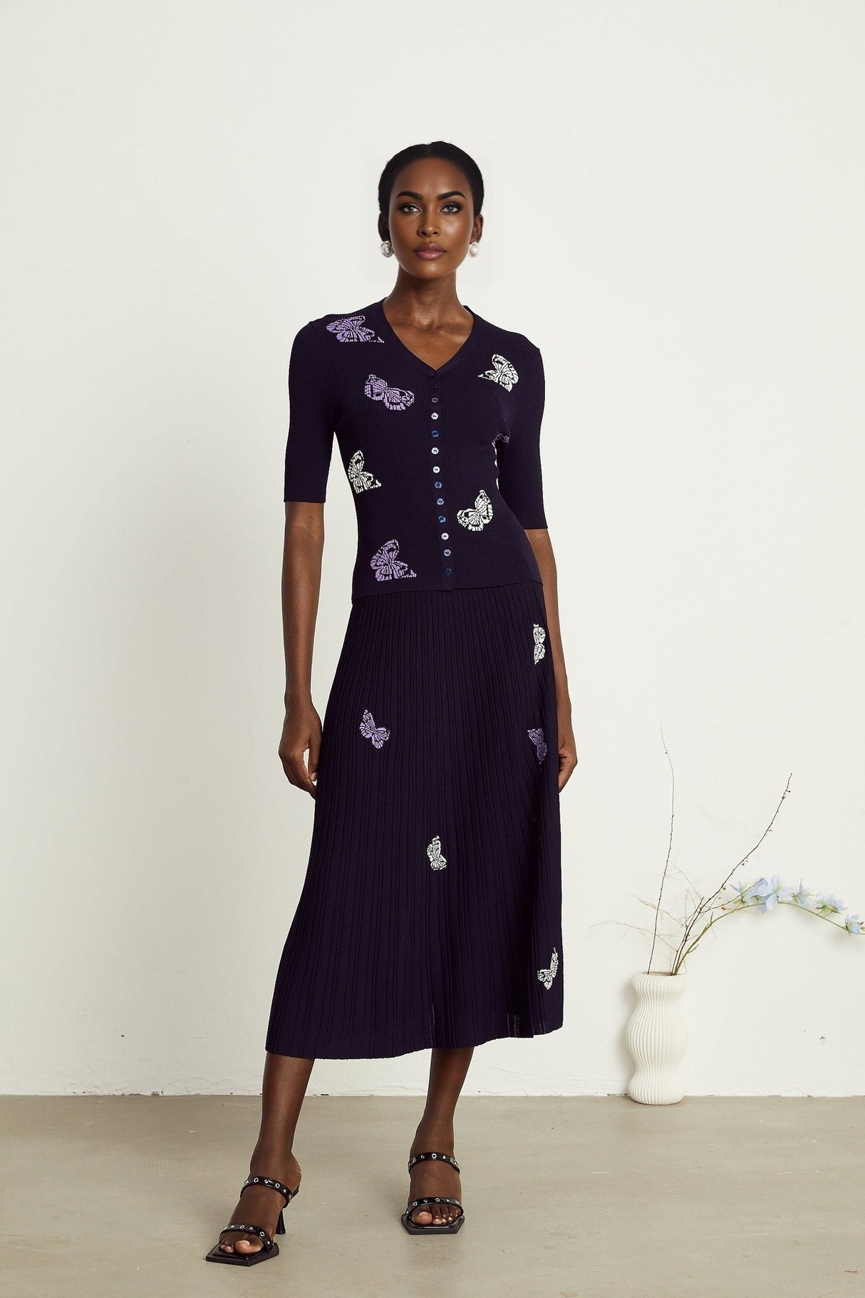 Esther Skirt & Top Set - V - Neck Top - Knitted Construction - Butterfly Pattern - Pleated Calf - Length Skirt