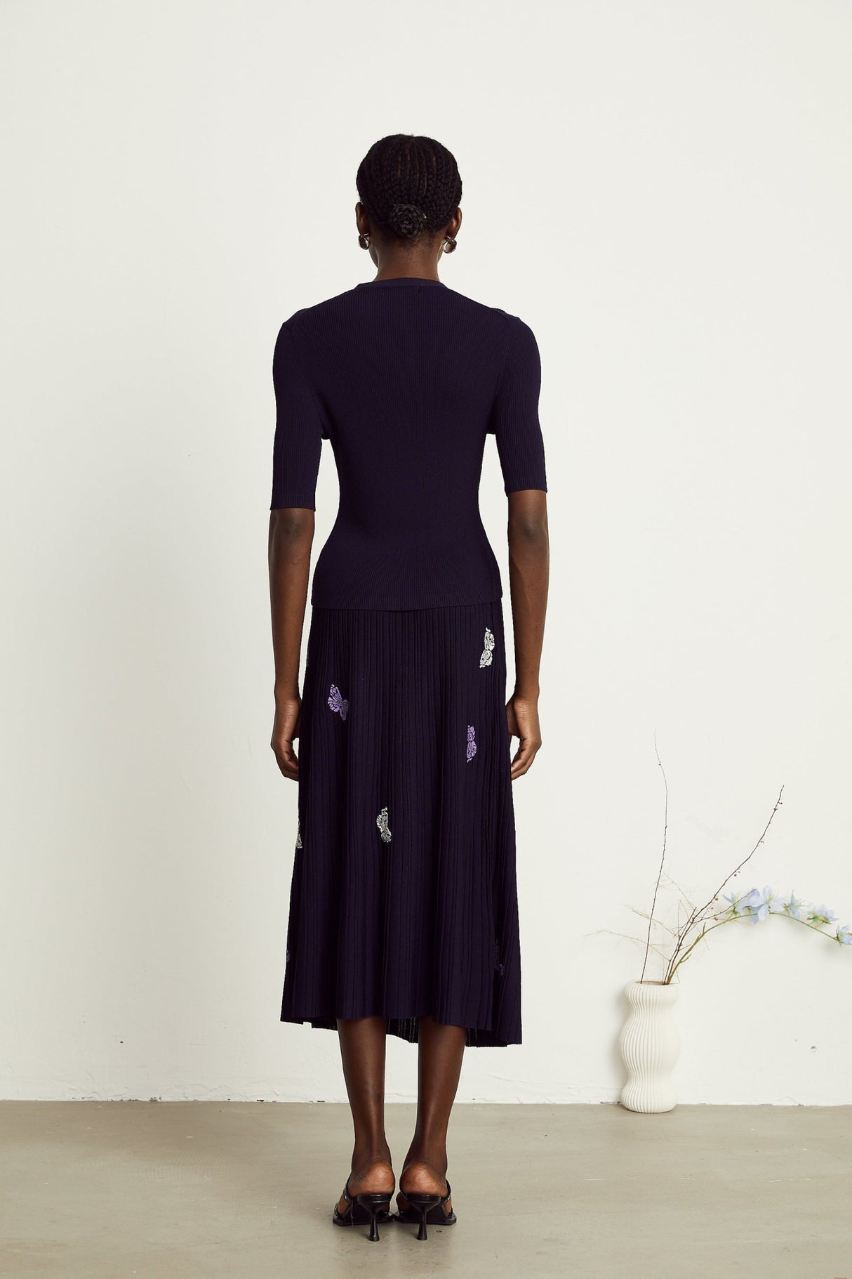 Esther Skirt & Top Set - V - Neck Top - Knitted Construction - Butterfly Pattern - Pleated Calf - Length Skirt