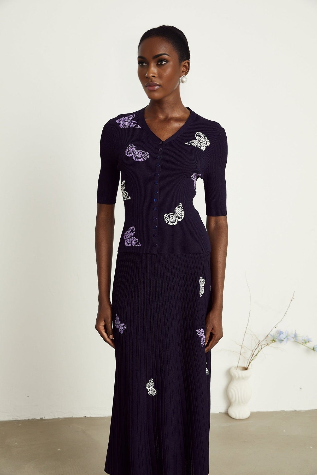 Esther Skirt & Top Set - V - Neck Top - Knitted Construction - Butterfly Pattern - Pleated Calf - Length Skirt