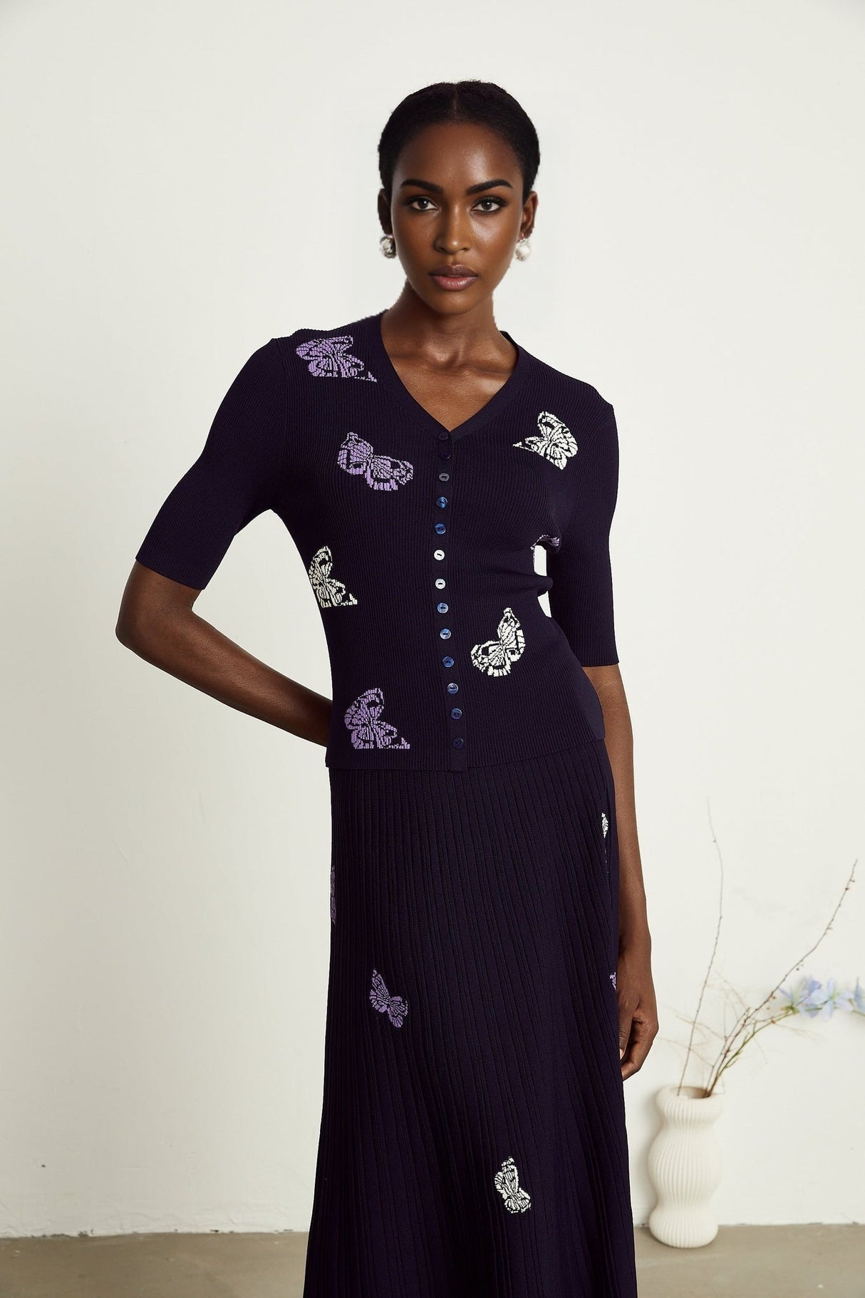 Esther Skirt & Top Set - V - Neck Top - Knitted Construction - Butterfly Pattern - Pleated Calf - Length Skirt