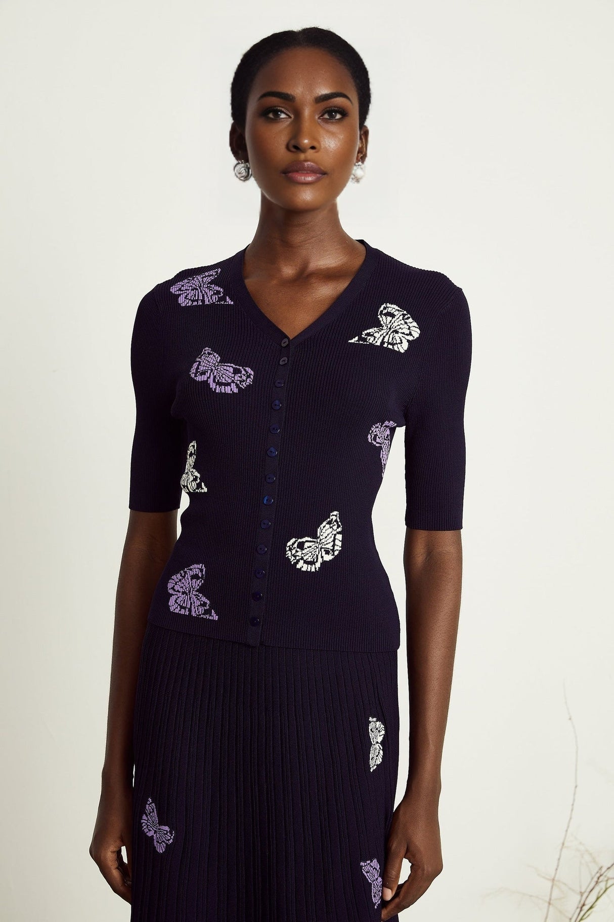 Esther Skirt & Top Set - V - Neck Top - Knitted Construction - Butterfly Pattern - Pleated Calf - Length Skirt