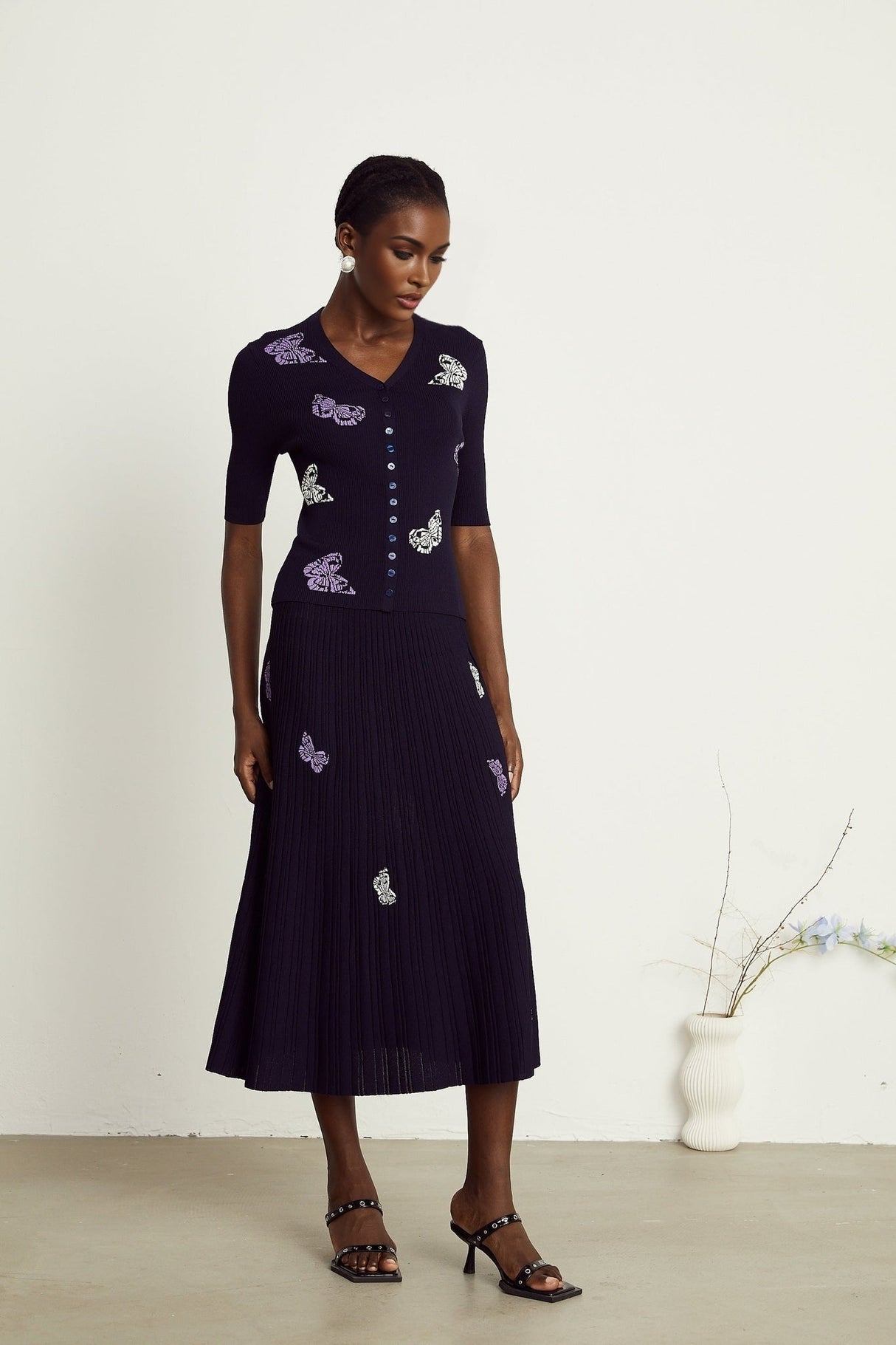 Esther Skirt & Top Set - V - Neck Top - Knitted Construction - Butterfly Pattern - Pleated Calf - Length Skirt