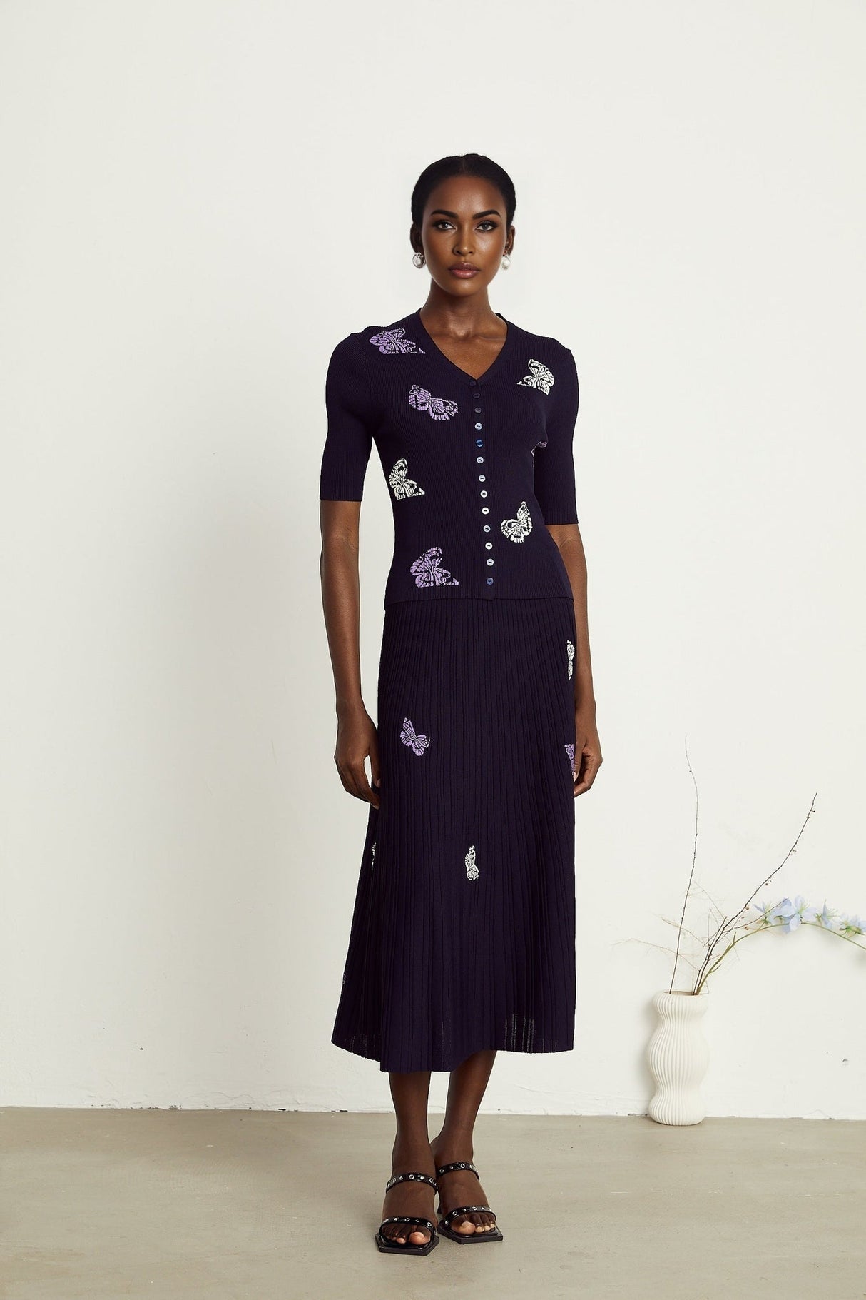 Esther Skirt & Top Set - V - Neck Top - Knitted Construction - Butterfly Pattern - Pleated Calf - Length Skirt