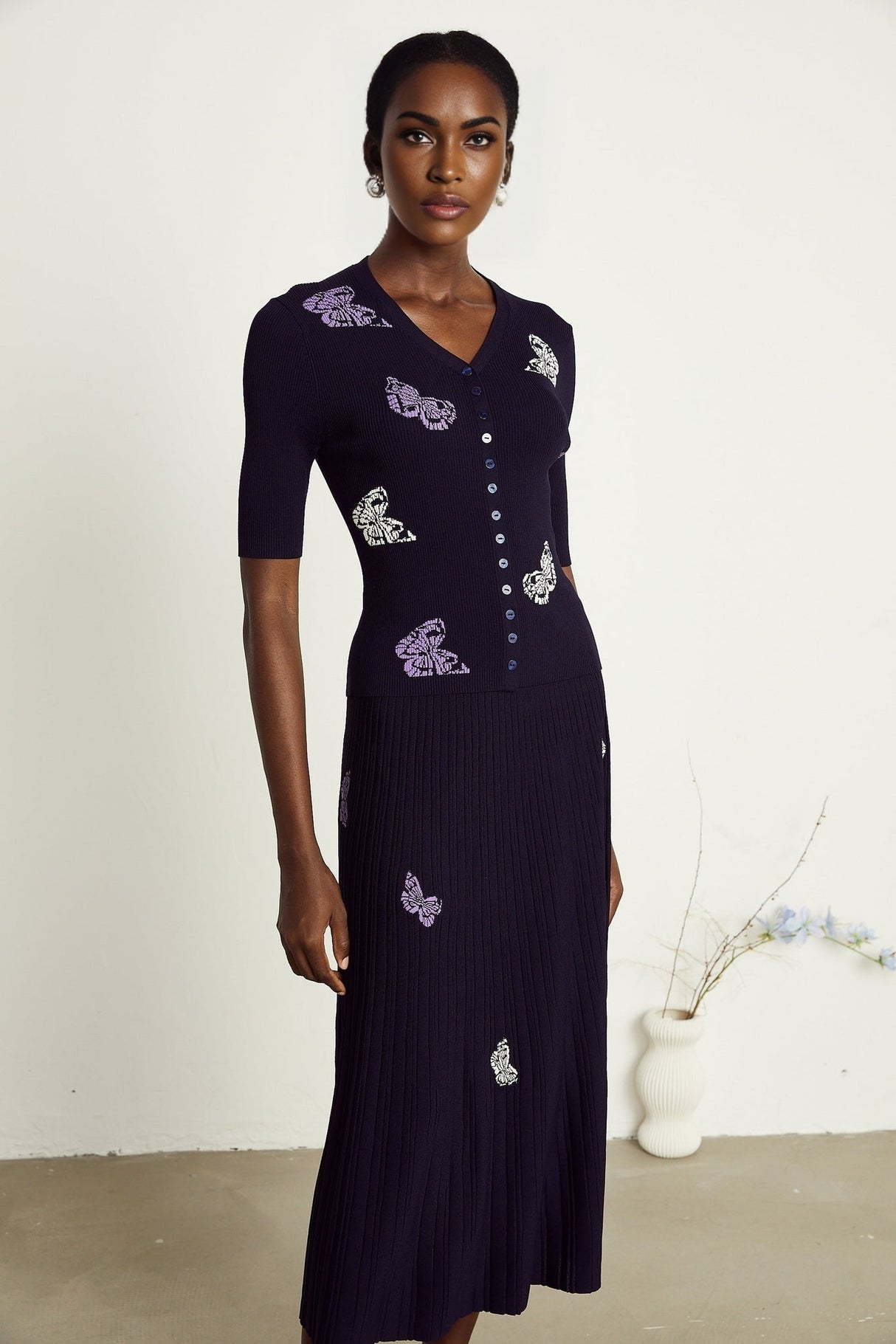 Esther Skirt & Top Set - V - Neck Top - Knitted Construction - Butterfly Pattern - Pleated Calf - Length Skirt