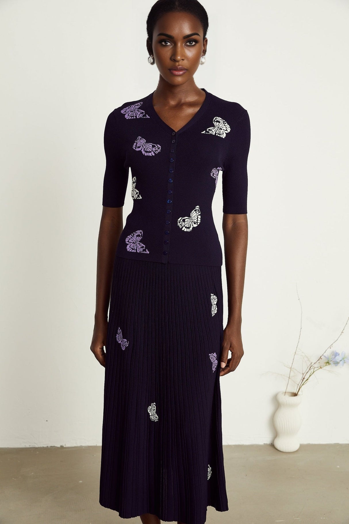 Esther Skirt & Top Set - V - Neck Top - Knitted Construction - Butterfly Pattern - Pleated Calf - Length Skirt