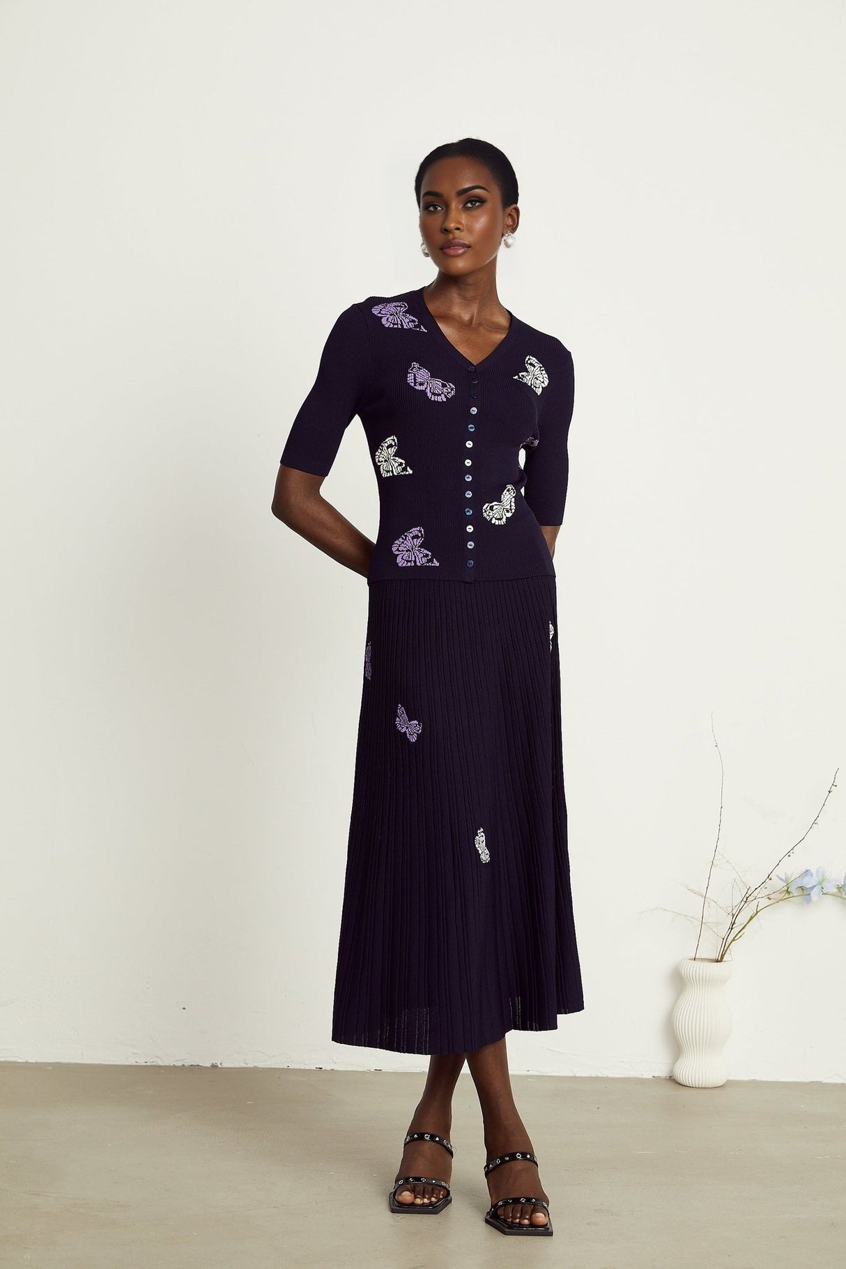 Esther Skirt & Top Set - V - Neck Top - Knitted Construction - Butterfly Pattern - Pleated Calf - Length Skirt