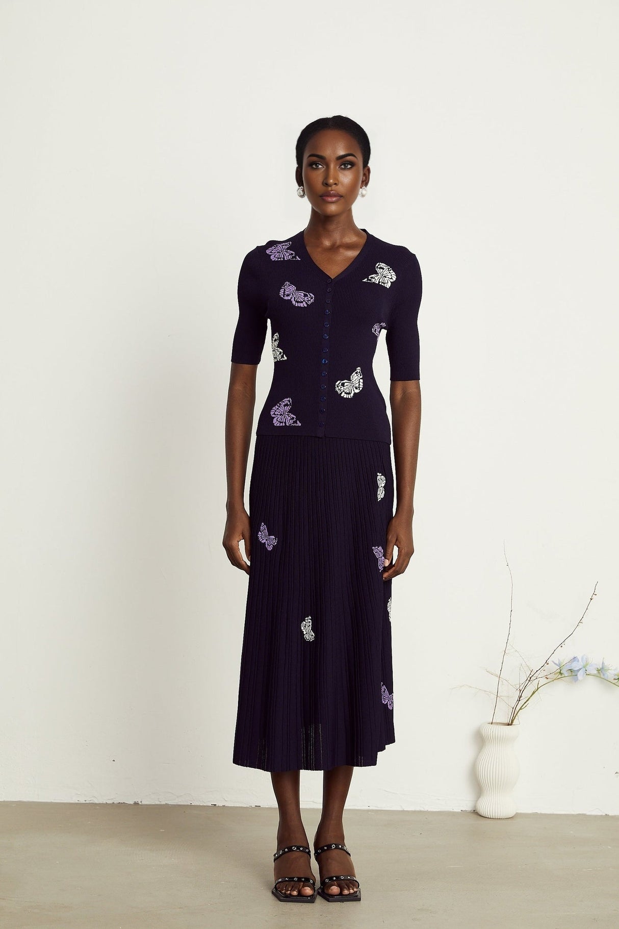 Esther Skirt & Top Set - V - Neck Top - Knitted Construction - Butterfly Pattern - Pleated Calf - Length Skirt