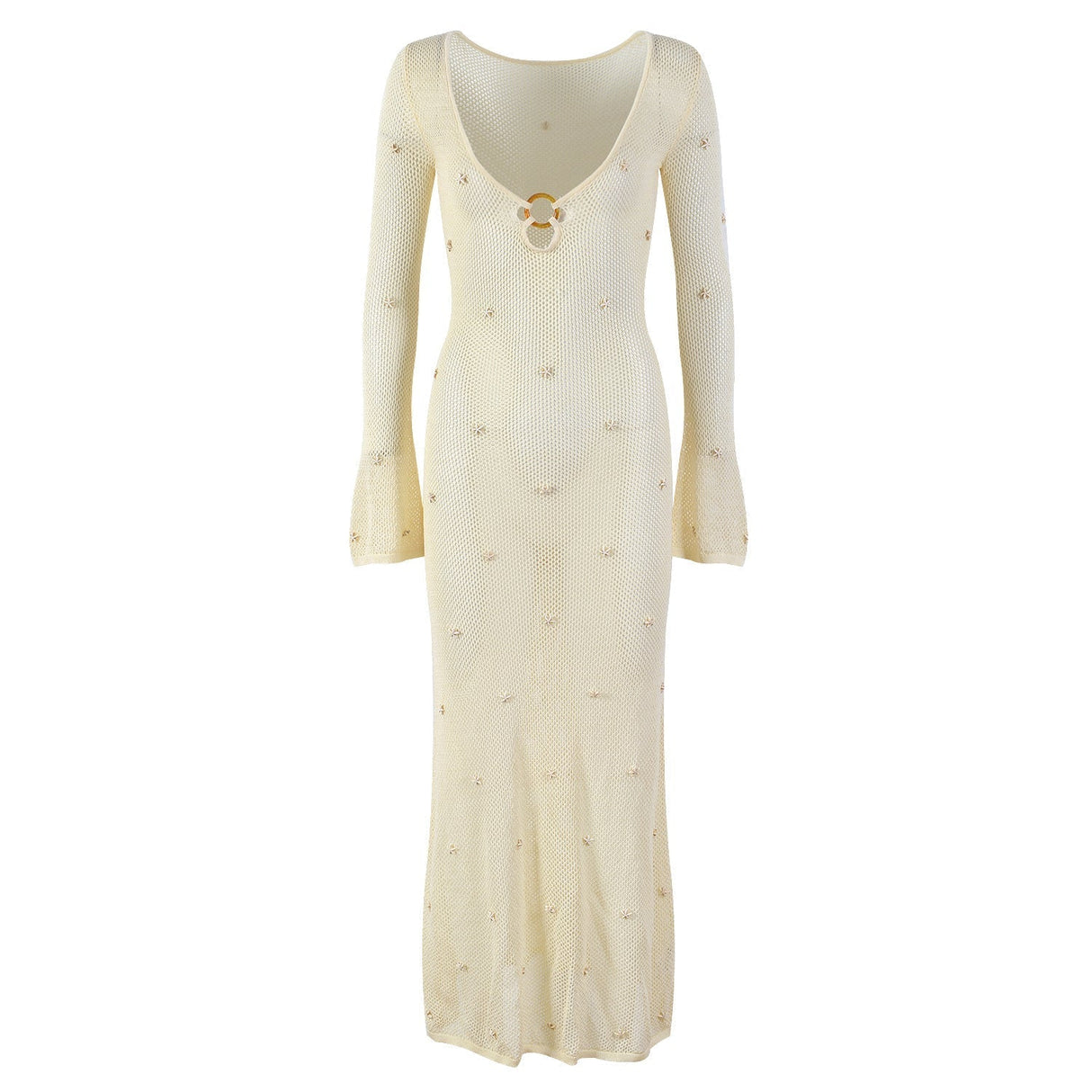 Ethereal Maxi Dress - Flattering V - neckline - Flared Sleeves - Tailored Look - Lightweight Knit - Elegant Circular Accent