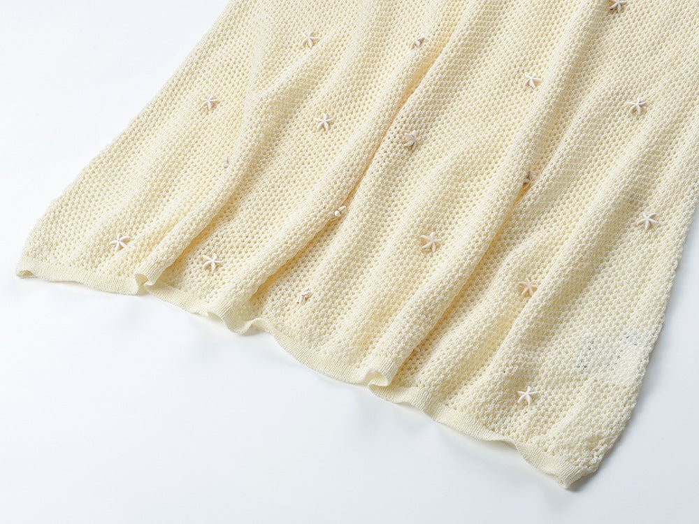 Ethereal Maxi Dress - Flattering V - neckline - Flared Sleeves - Tailored Look - Lightweight Knit - Elegant Circular Accent