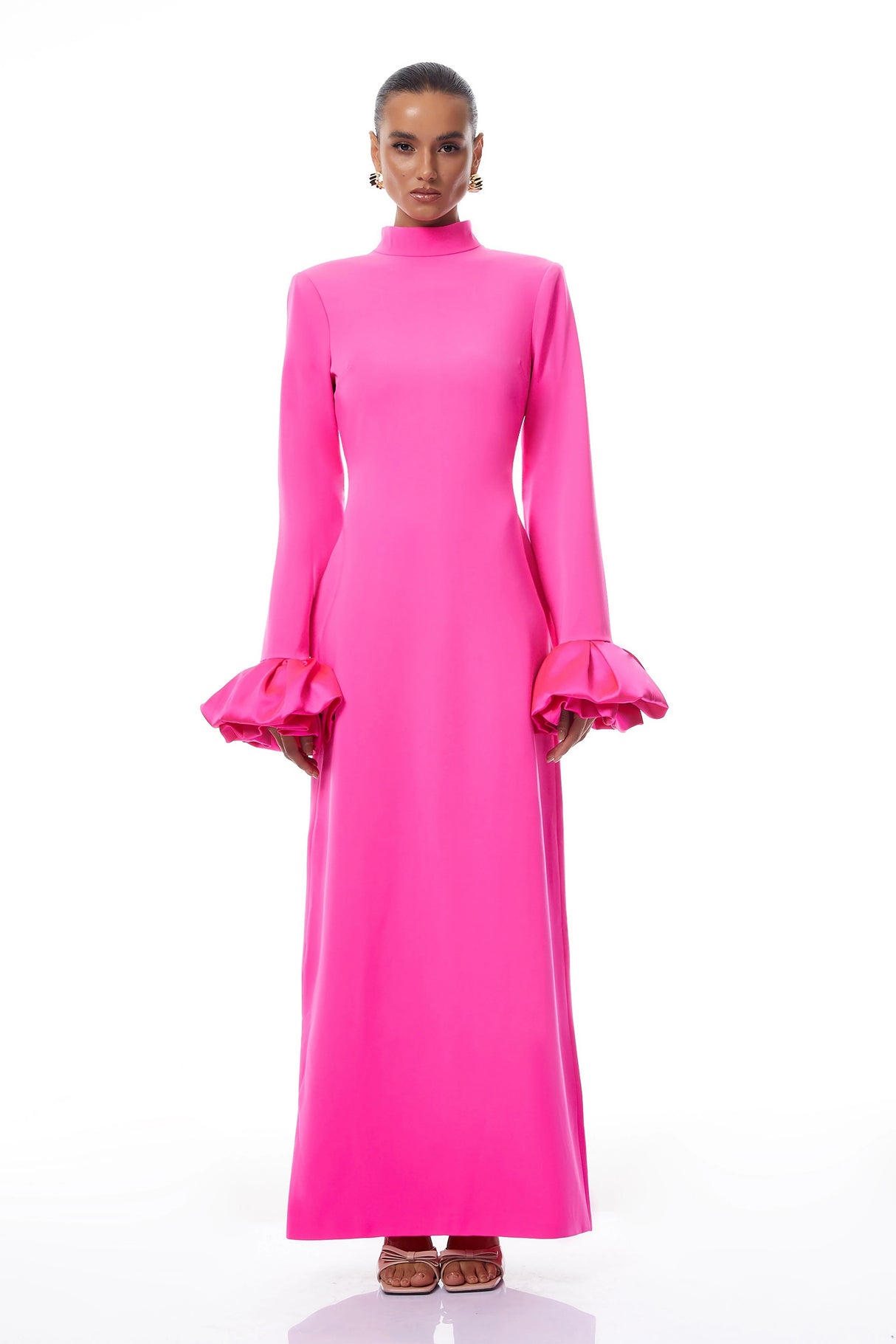 Eugenia Hot Pink Petal Cuff Maxi Dress