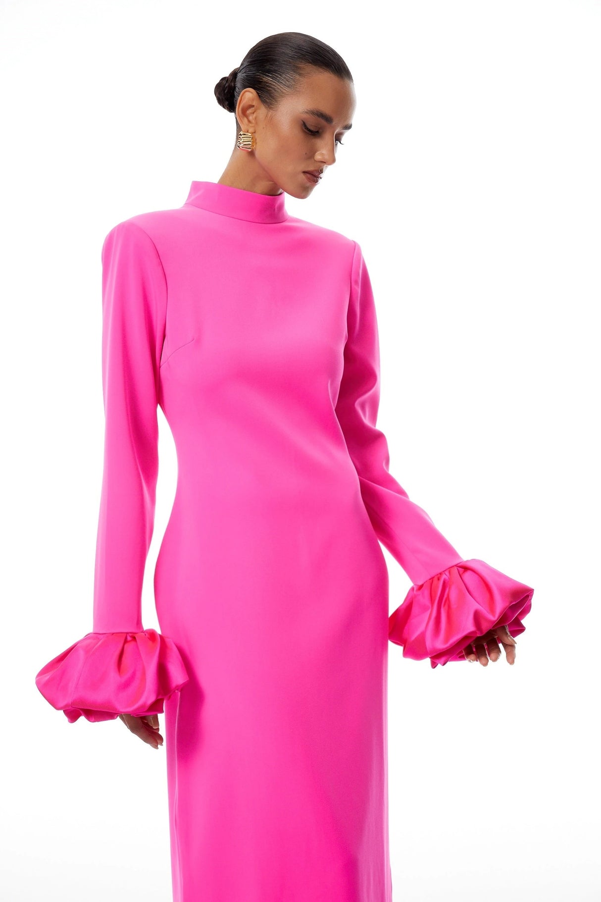 Eugenia Hot Pink Petal Cuff Maxi Dress