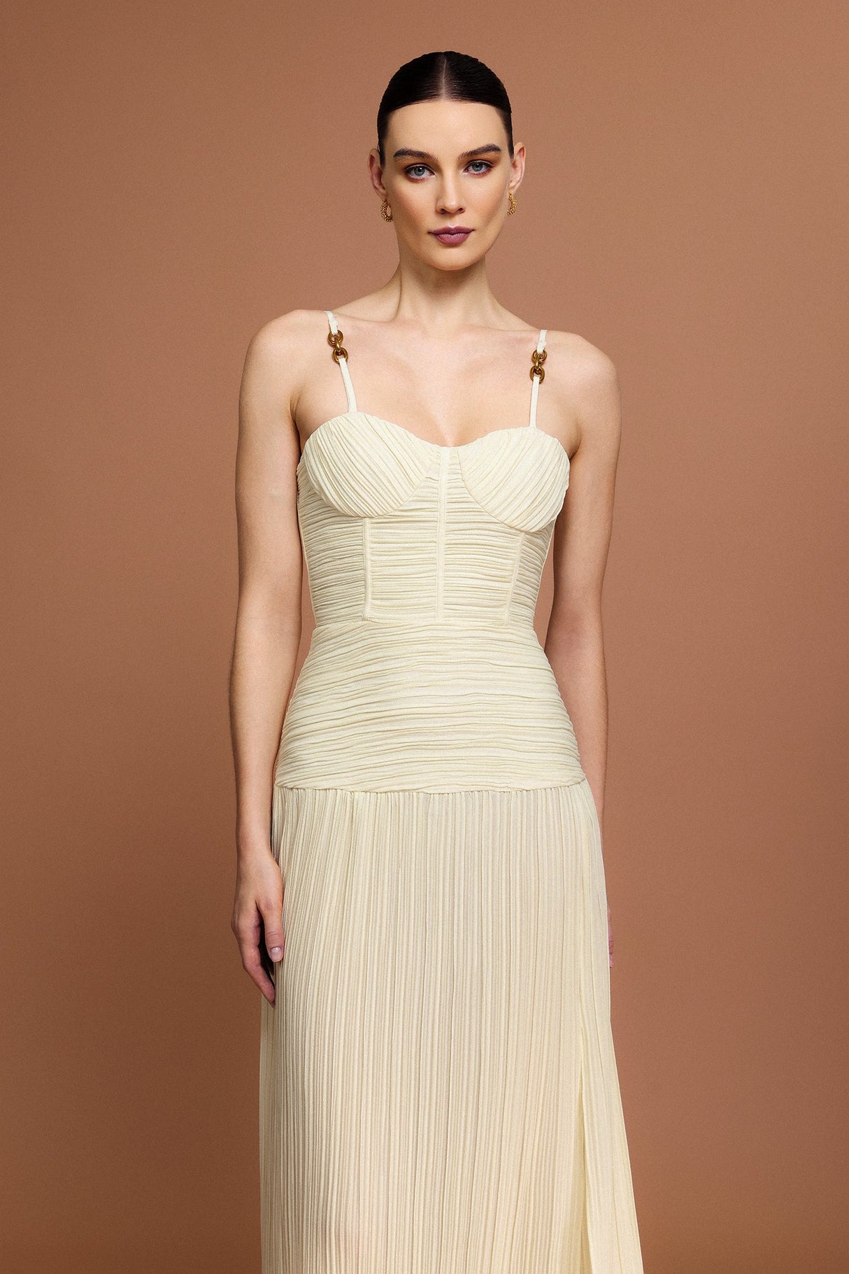 Eulalia Beige Halter Neckline Dress with Fishbone Folds and Side Slit