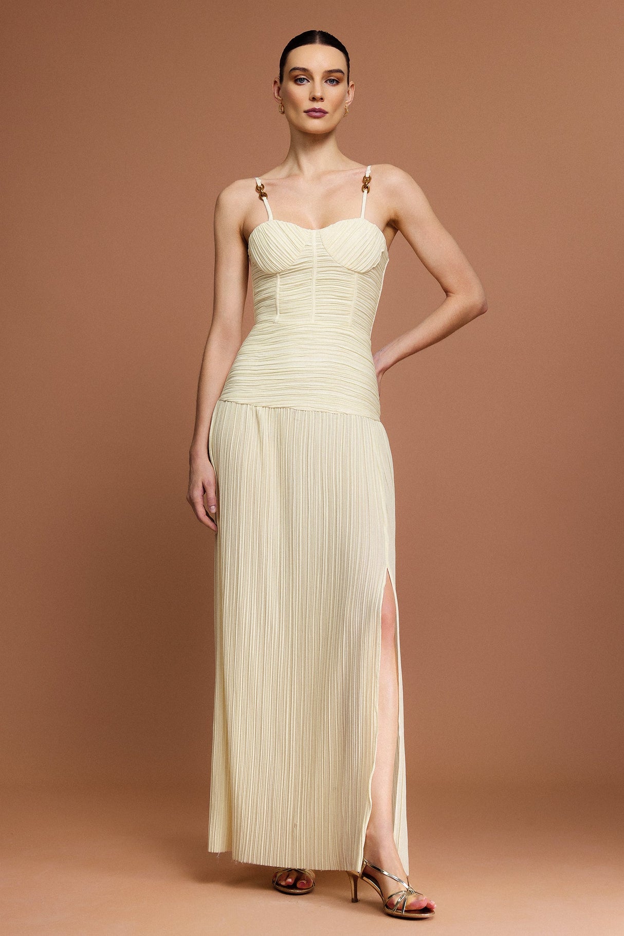 Eulalia Beige Halter Neckline Dress with Fishbone Folds and Side Slit