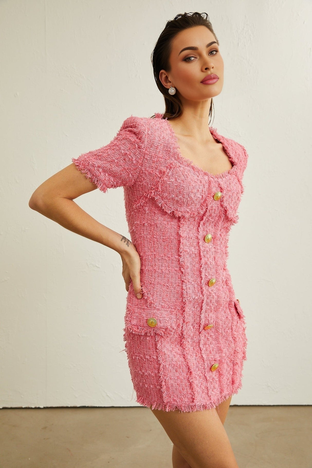 Eulalia Mini Dress - Sweetheart Neckline - Short Sleeves - Front Flap Pockets - tone Buttons