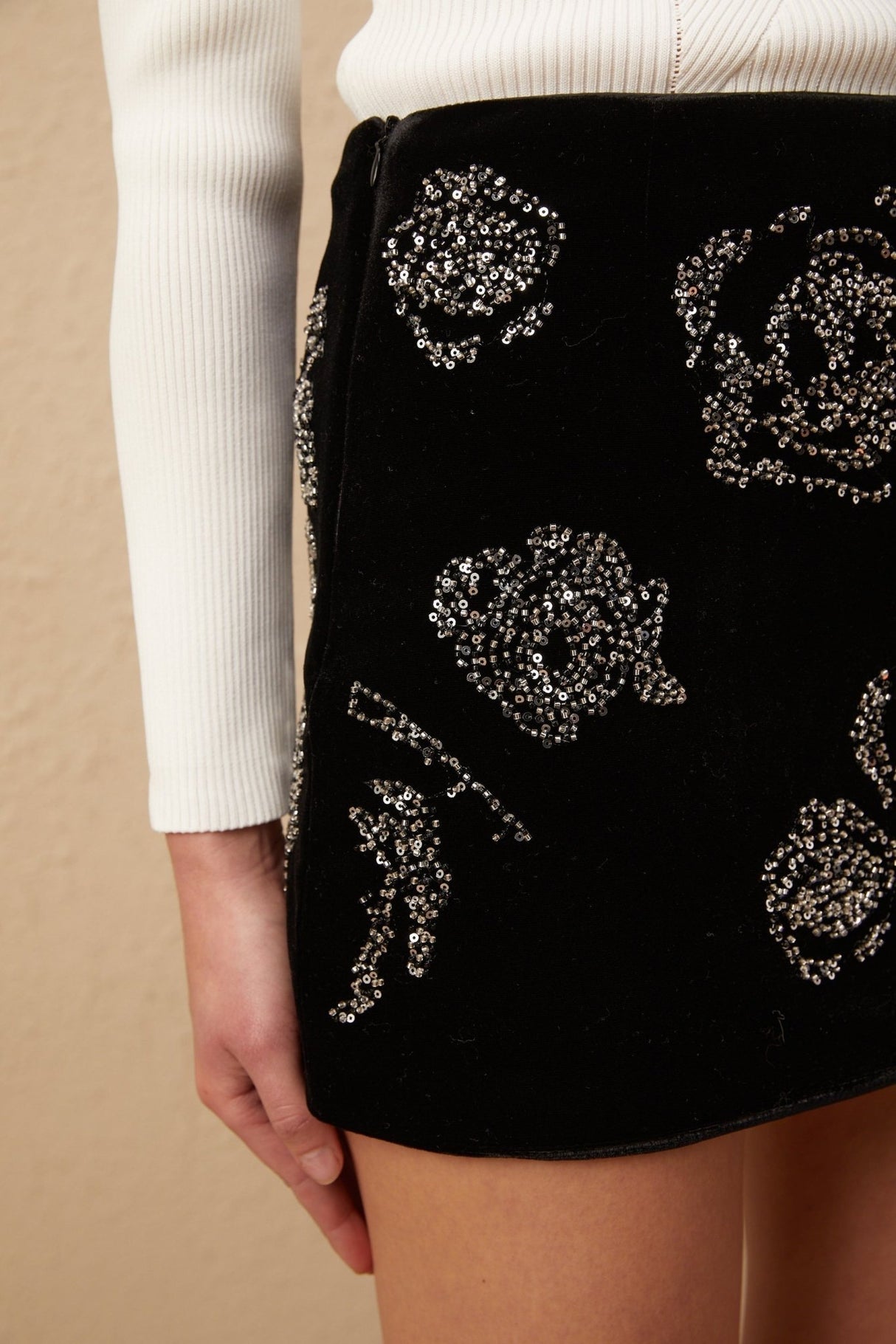 Eulalia Mini Dress - Velvet - Flower Motif with Sequins - Straight Hem - Thigh Length