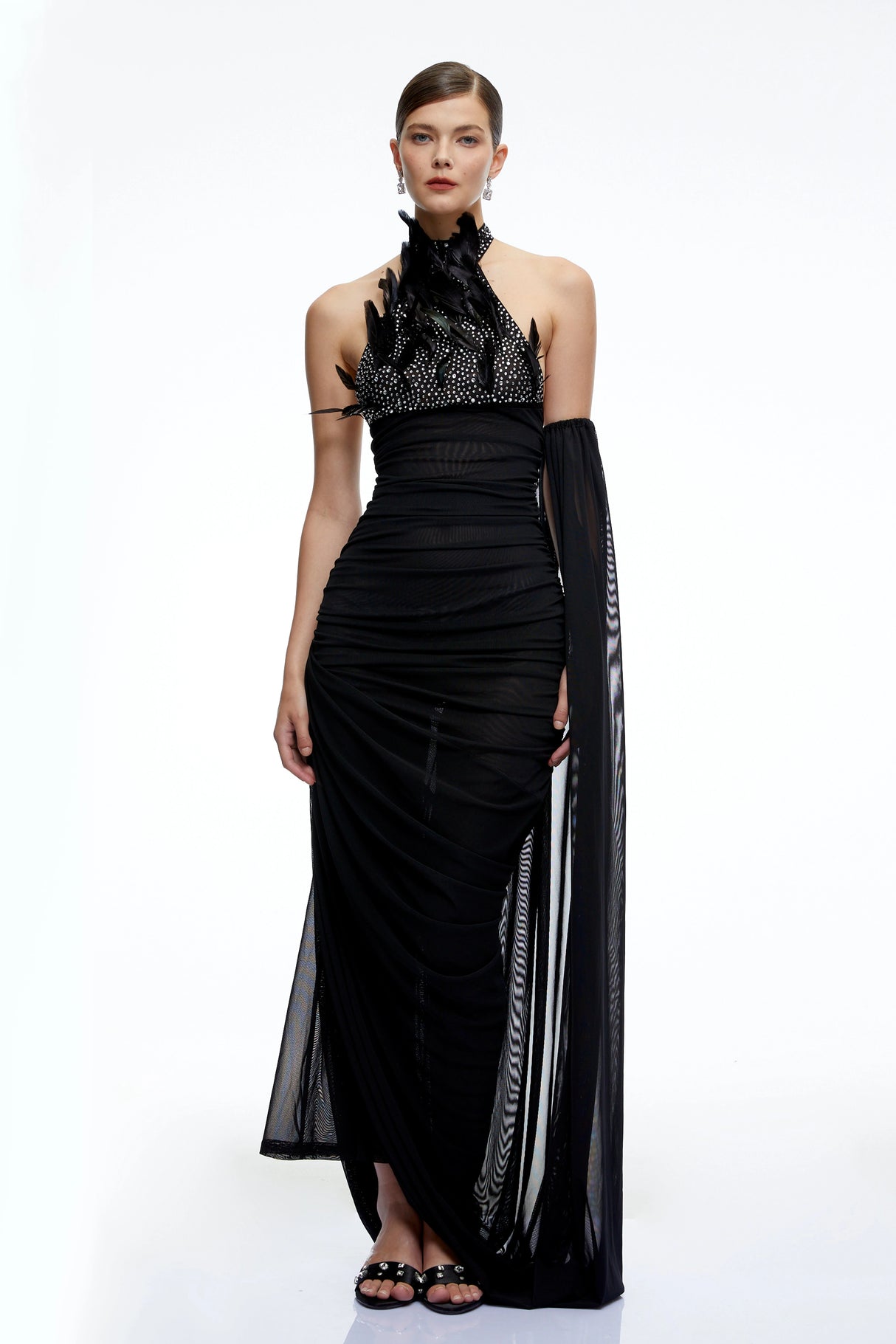 Eulalie Black Halterneck Ruched Maxi Dress with 3D Florals