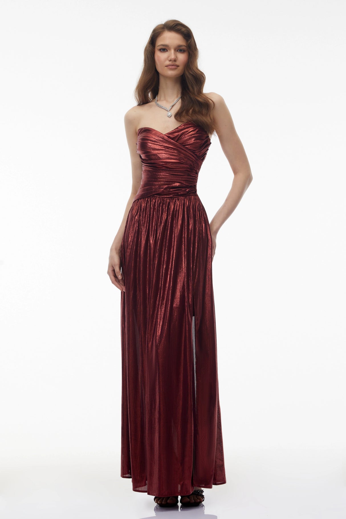 Eurydice Red Off Shoulder Ruched High Slit Maxi Dress