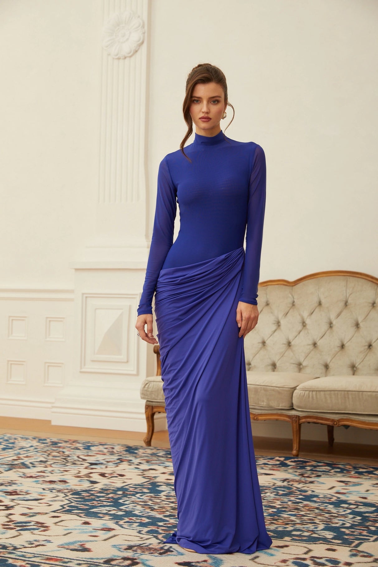 Éva Blue Draped Gathered Maxi Dress