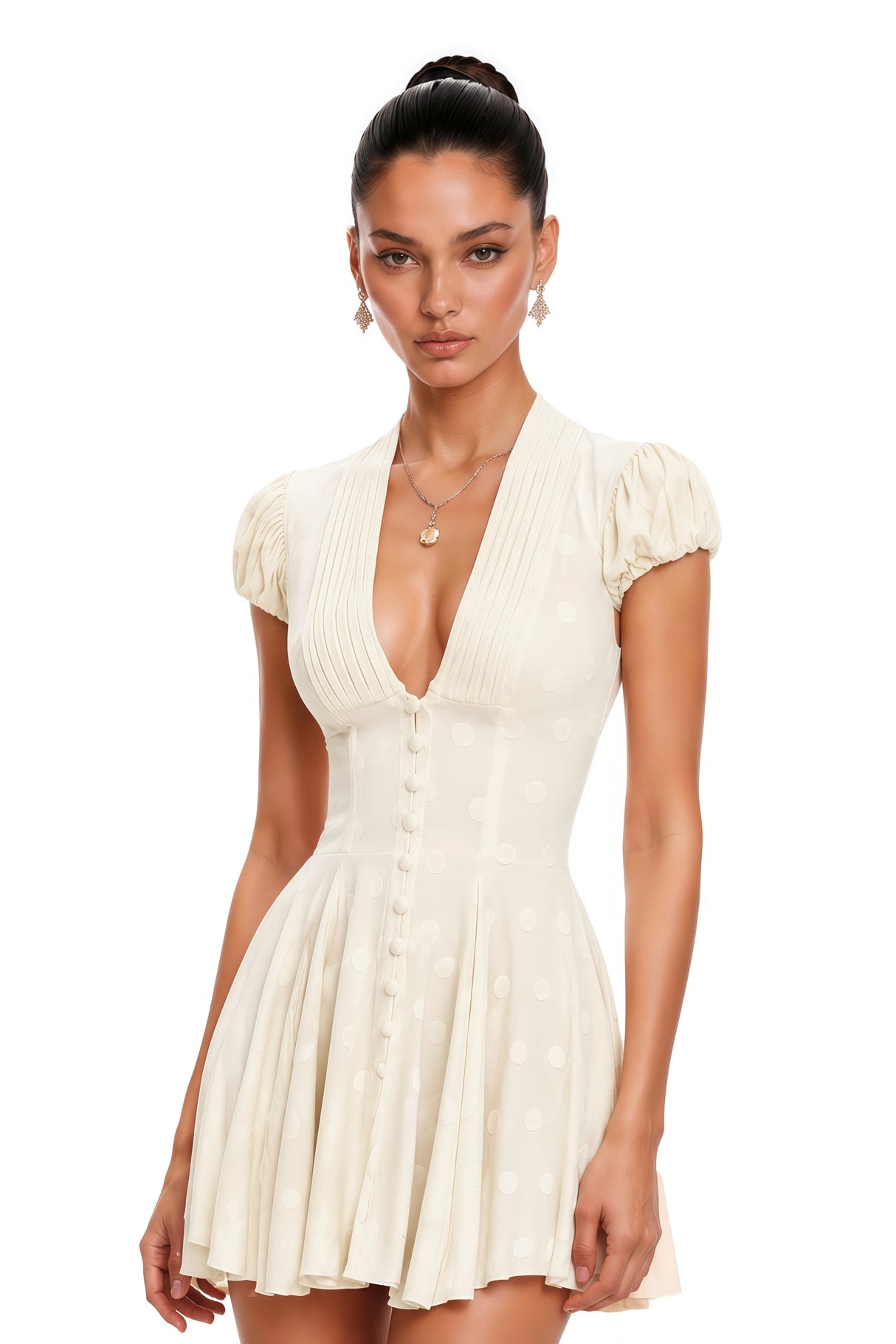 Eva Neutrals VNeck Pleated Button Down Mini Dress