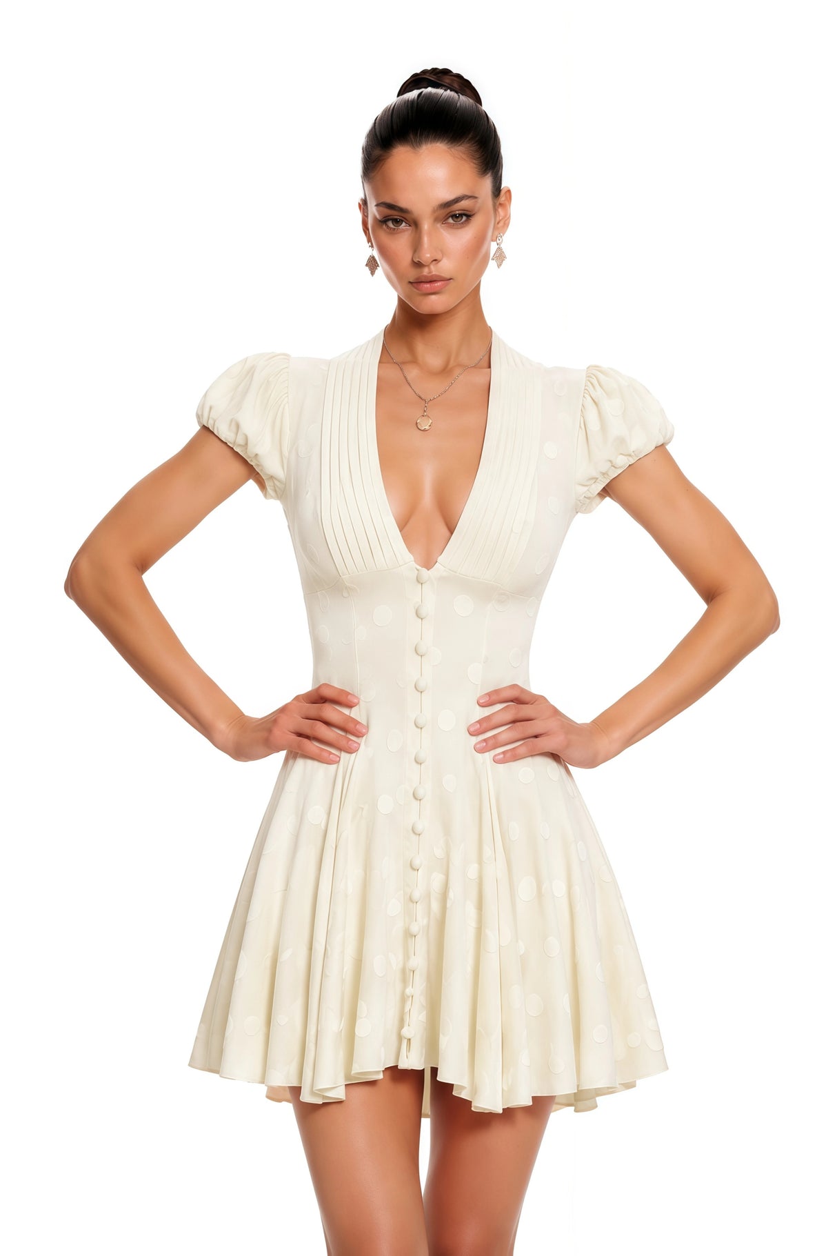 Eva Neutrals VNeck Pleated Button Down Mini Dress