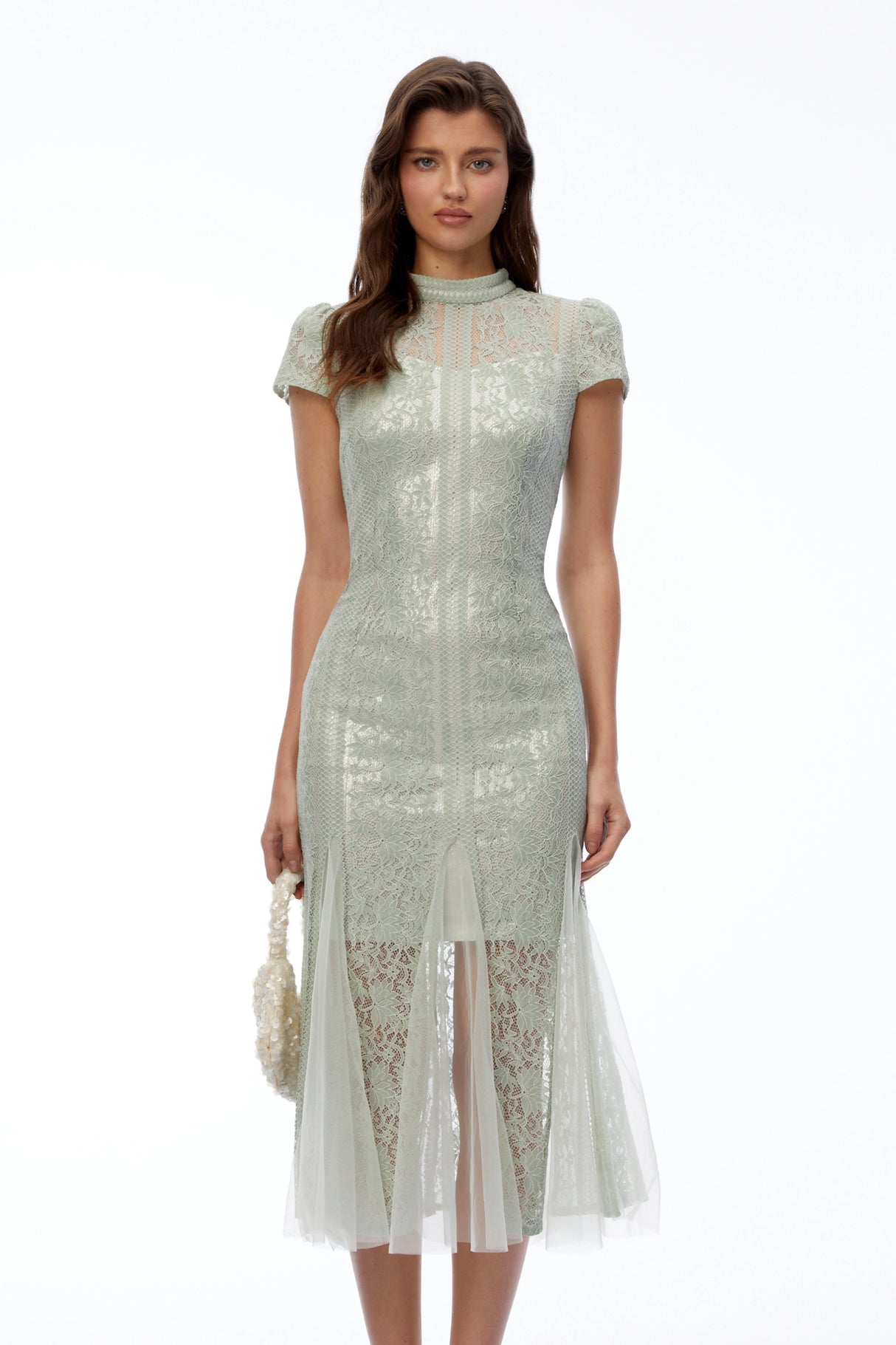 Eva Sage Green Mock Neck Lace Midi Dress