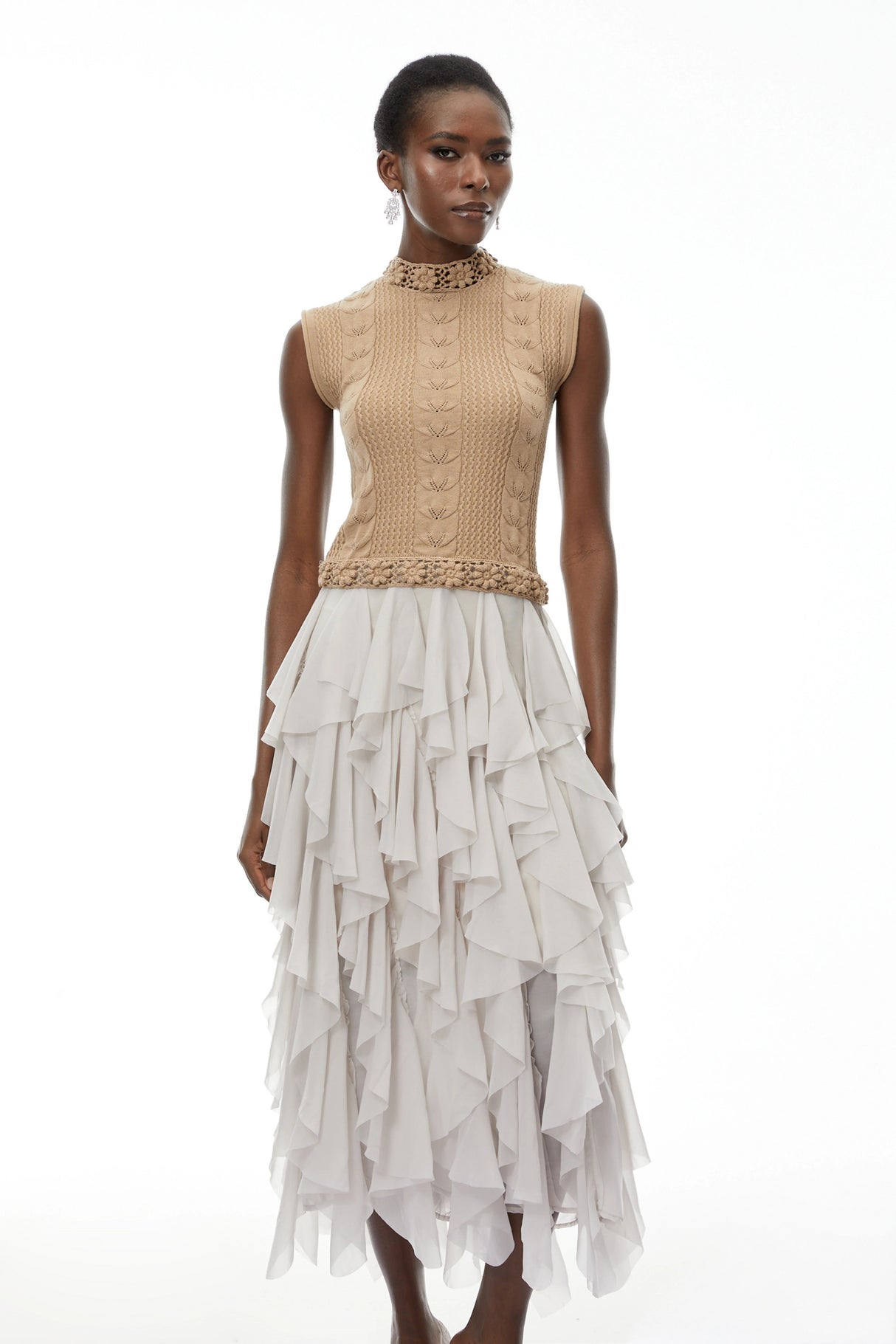 Evangeline Khaki Asymmetrical Ruffled Maxi Dress