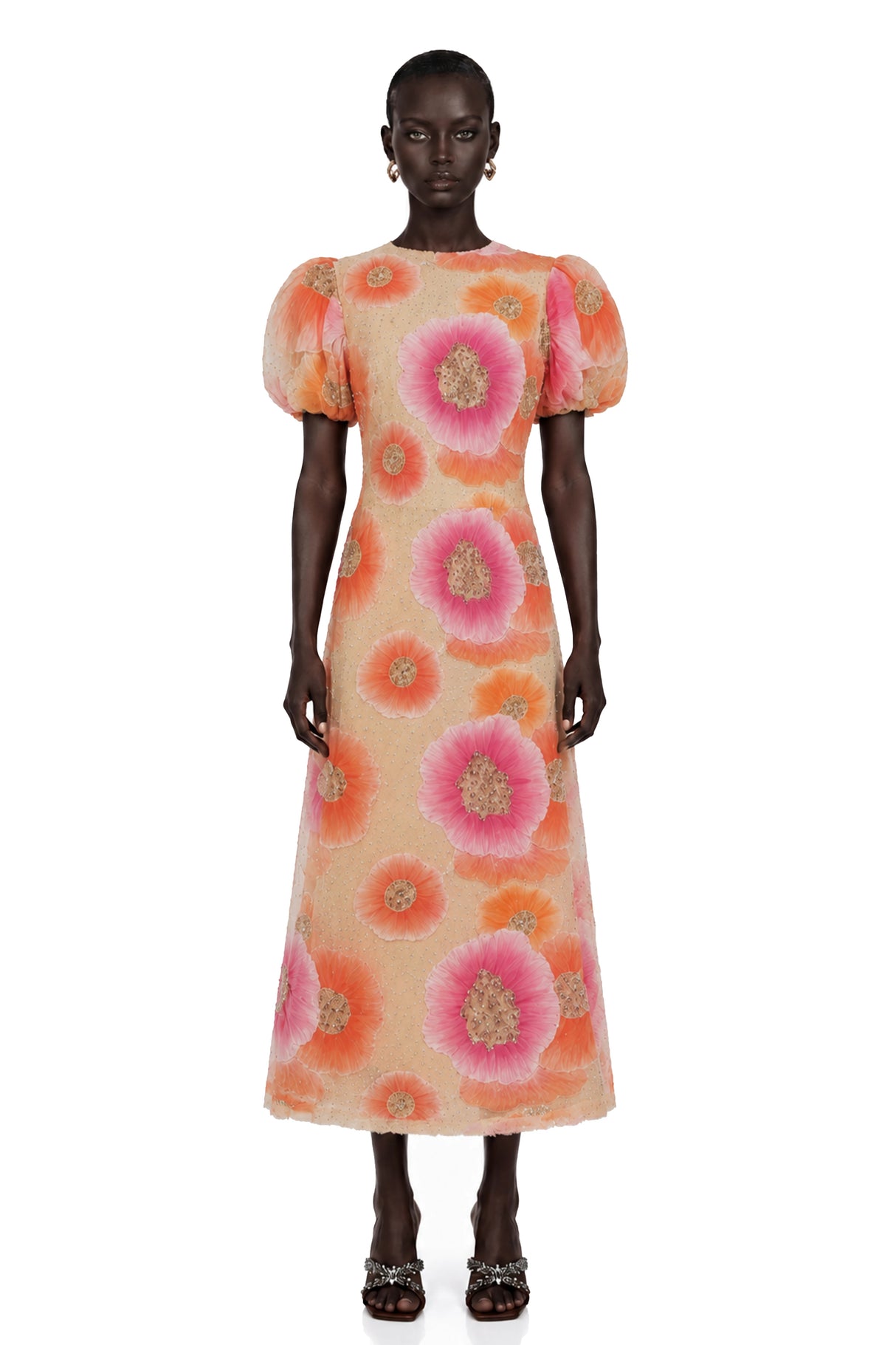 Evangeline Orange Floral Print Midi Dress with Sequins and Rhinestones