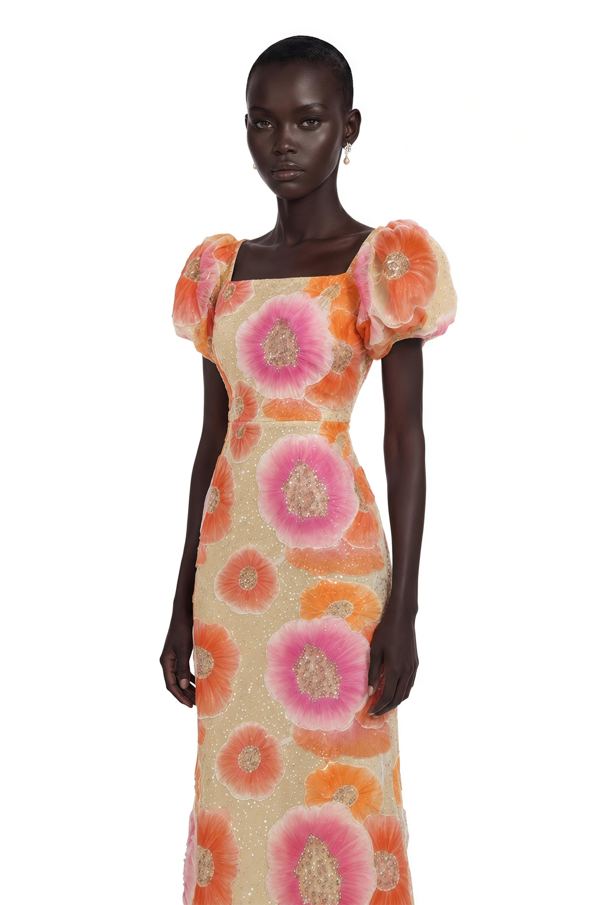 Evangeline Orange Floral Print Midi Dress with Sequins and Rhinestones