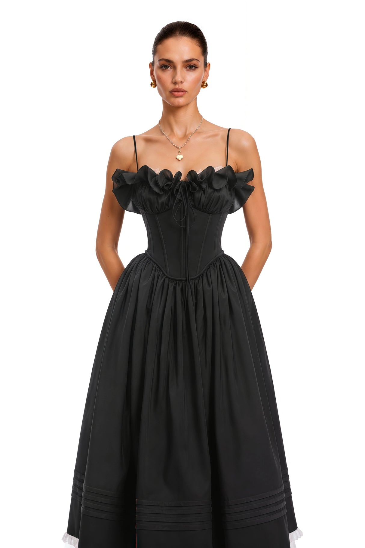 Evelina Black Corset Maxi Dress with Spaghetti Straps