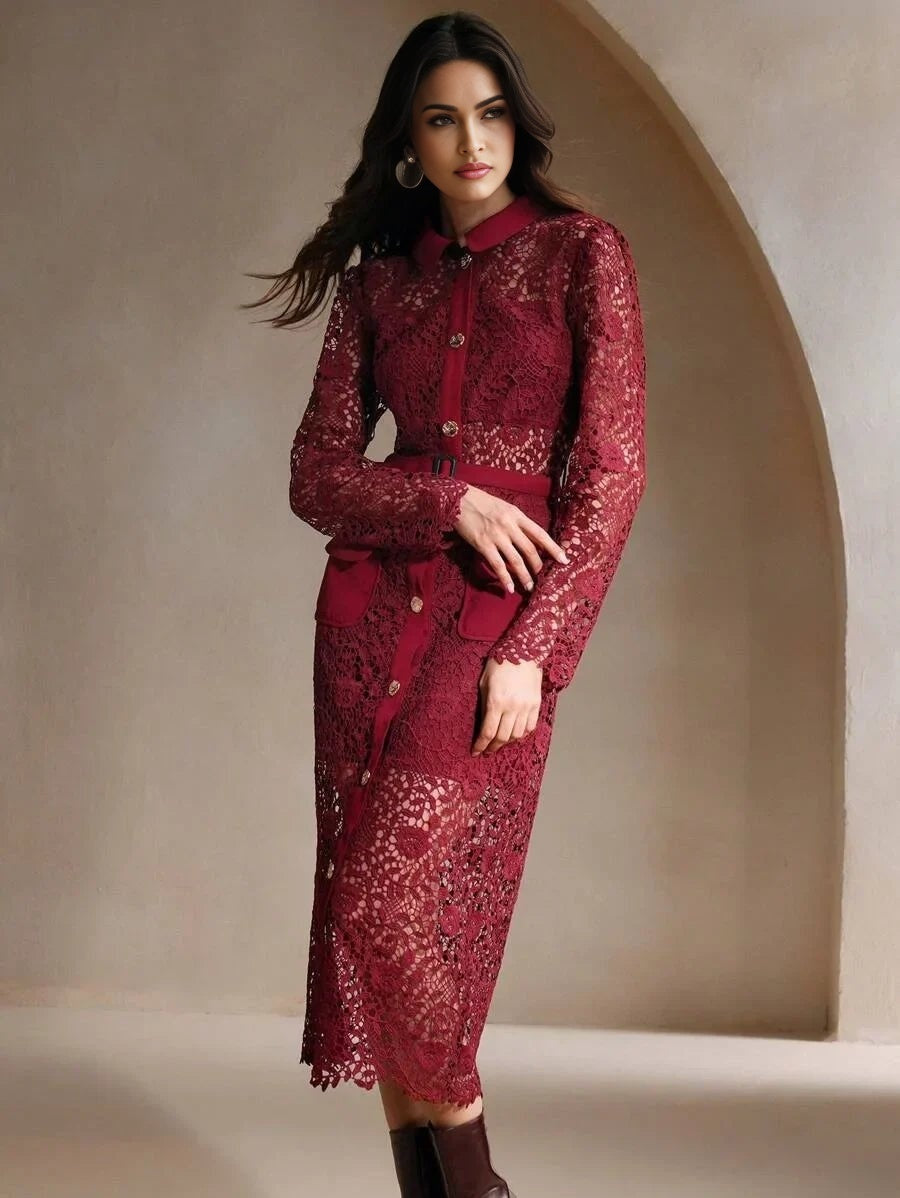 Evelyn Midi Dress - Neckline Collar - Elegant Style - High Waist - Long Sleeve - Color