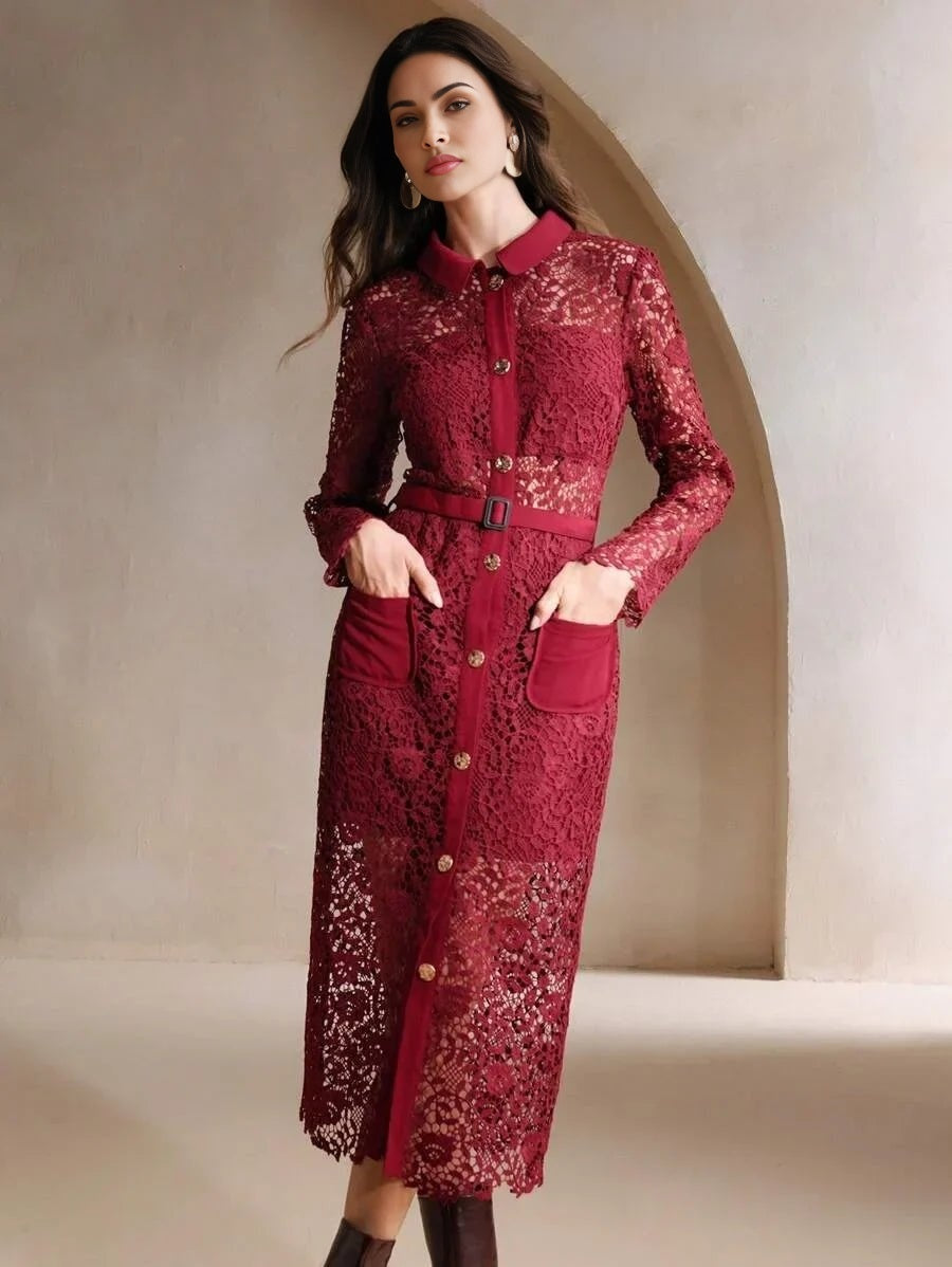 Evelyn Midi Dress - Neckline Collar - Elegant Style - High Waist - Long Sleeve - Color