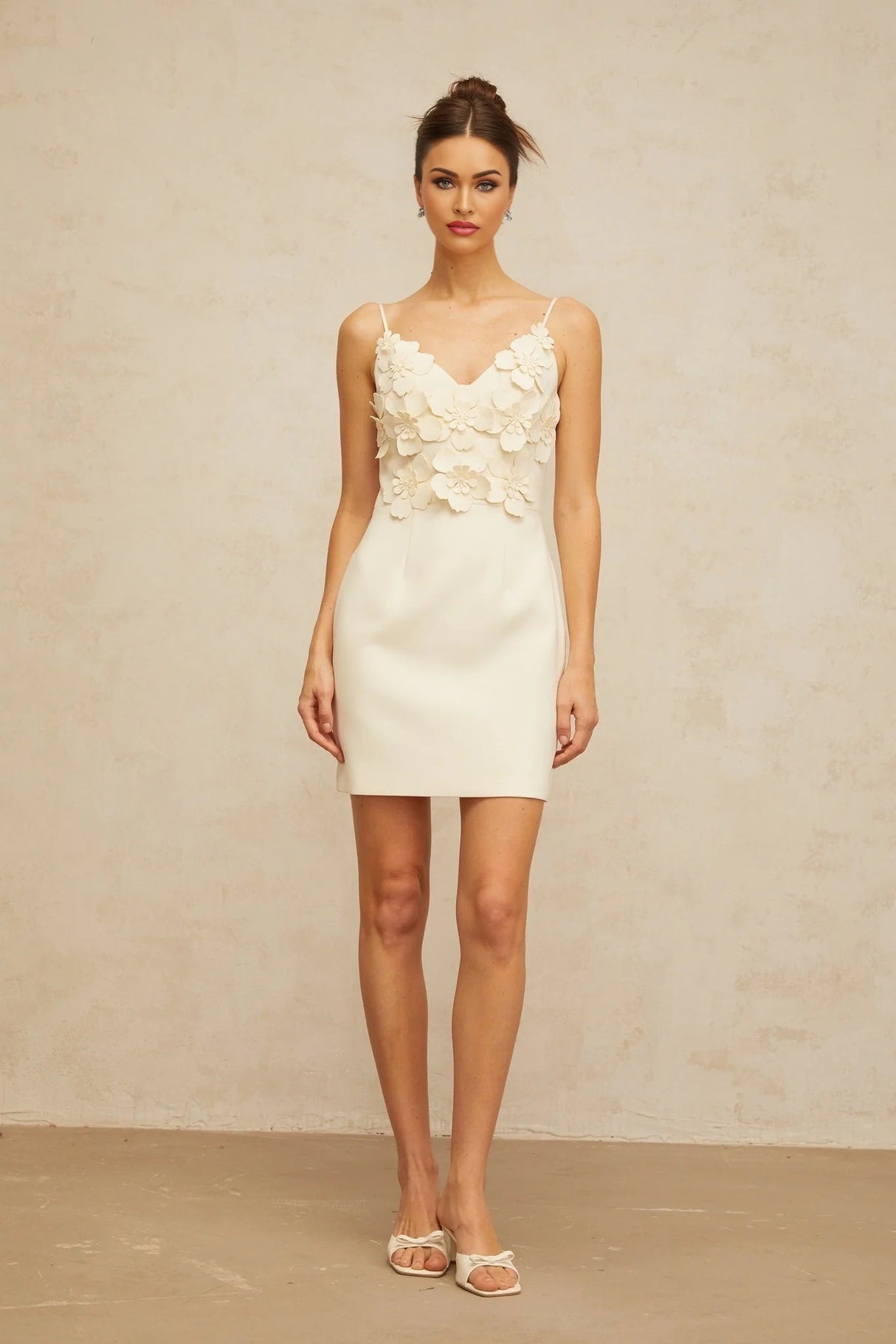 Evelyn Mini Dress White 3D - Petal V - Neck & Cinched Waist