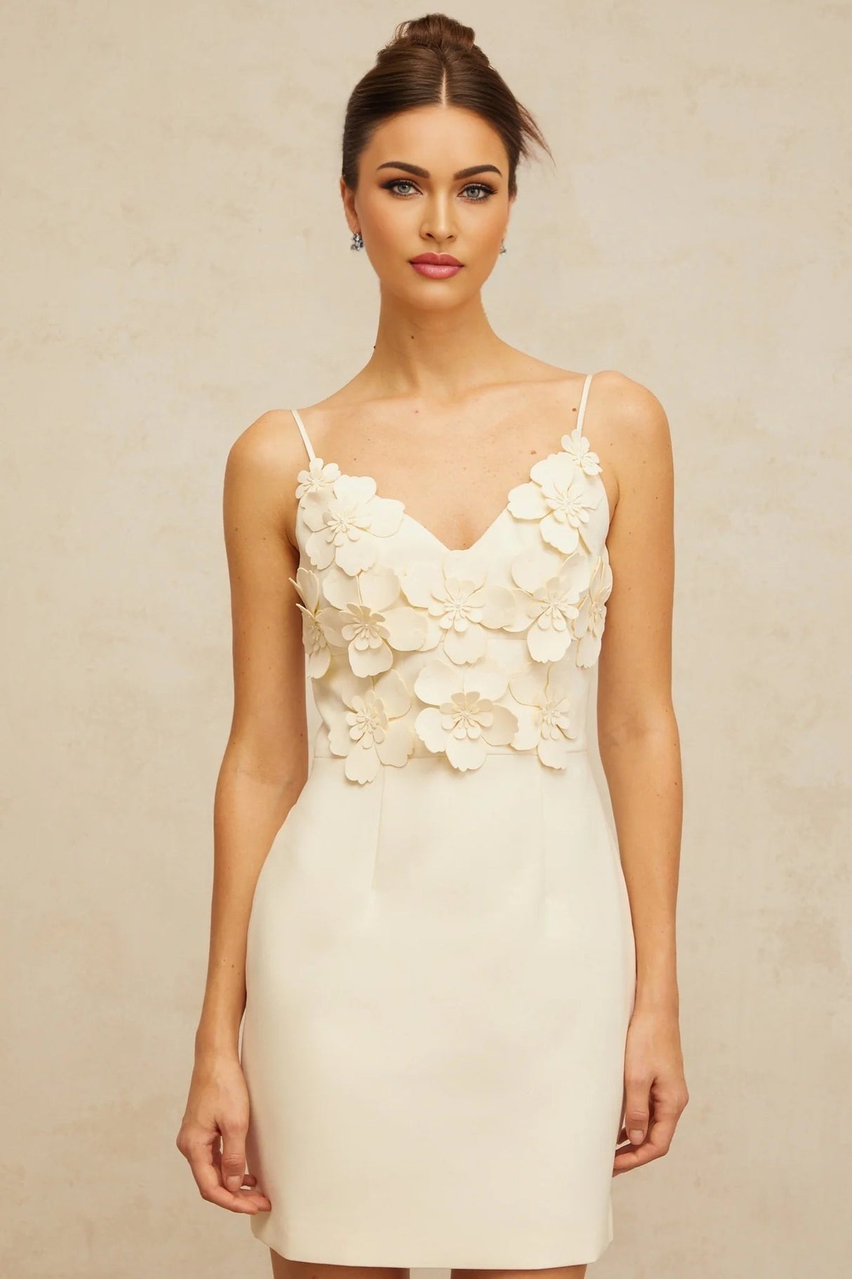 Evelyn Mini Dress White 3D - Petal V - Neck & Cinched Waist