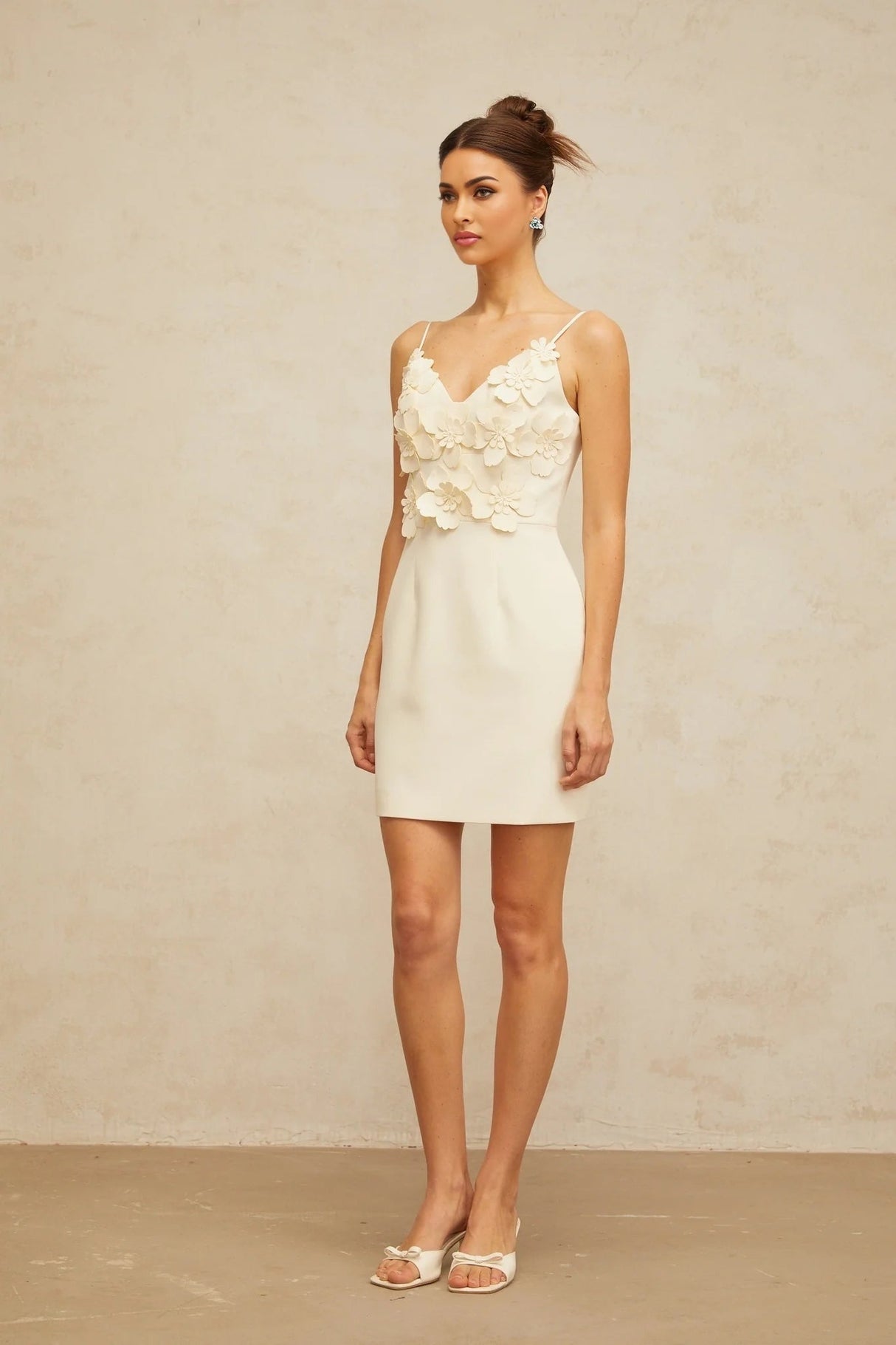 Evelyn Mini Dress White 3D - Petal V - Neck & Cinched Waist
