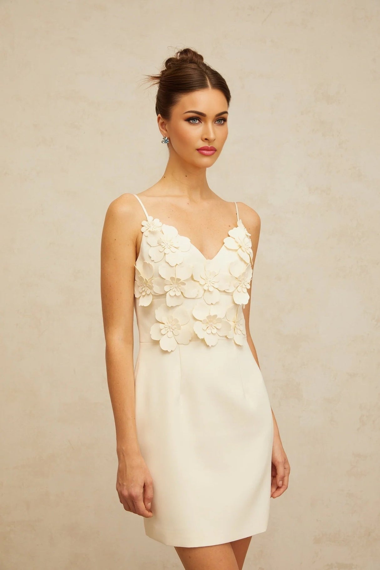Evelyn Mini Dress White 3D - Petal V - Neck & Cinched Waist