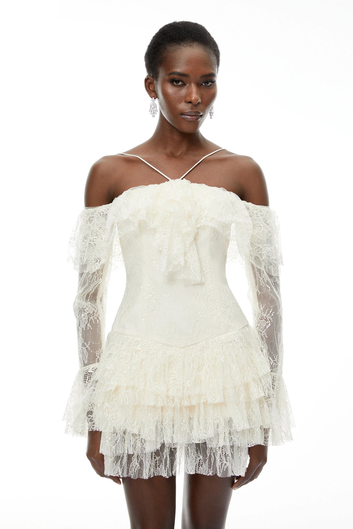 Evelyn Neutral Off Shoulder Tiered Mini Dress