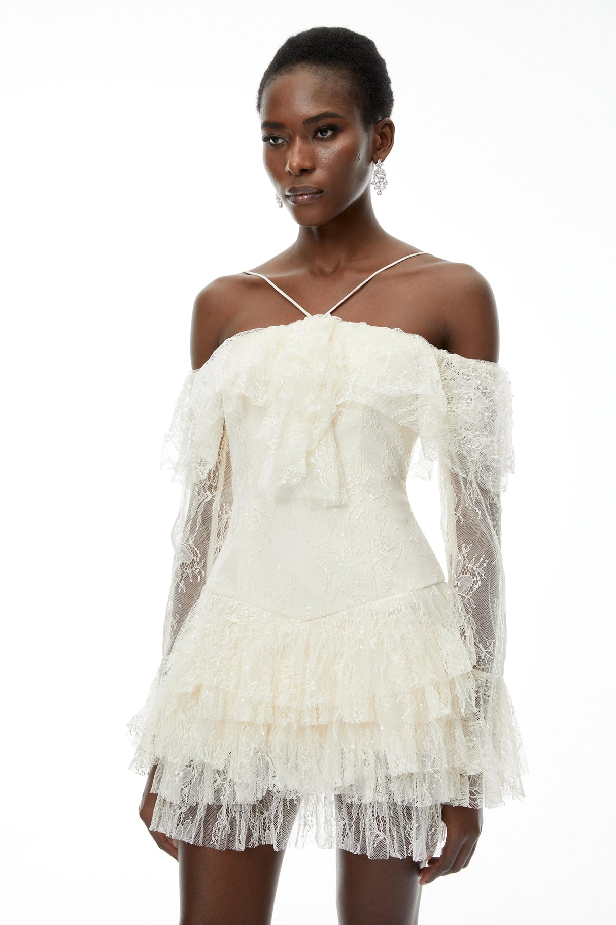 Evelyn Neutral Off Shoulder Tiered Mini Dress
