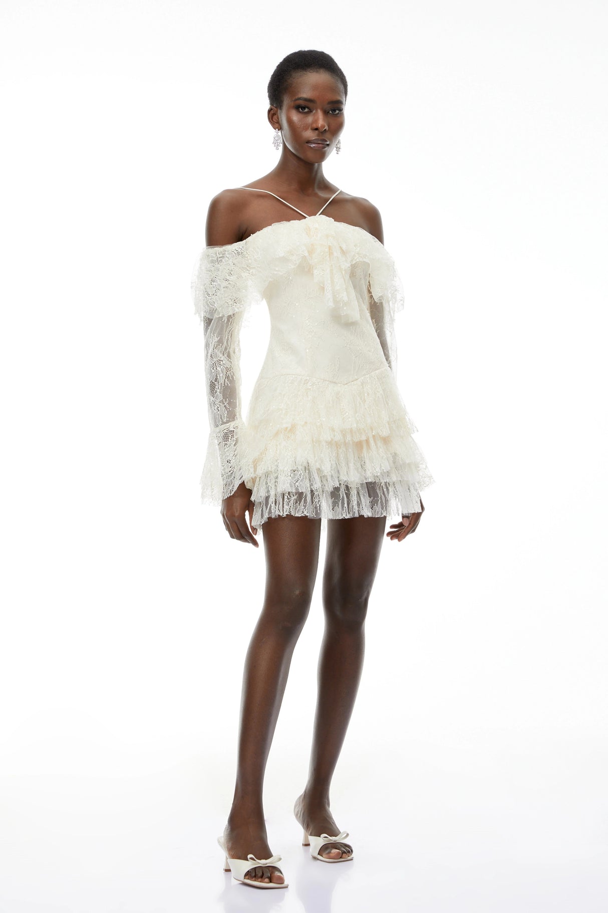 Evelyn Neutral Off Shoulder Tiered Mini Dress