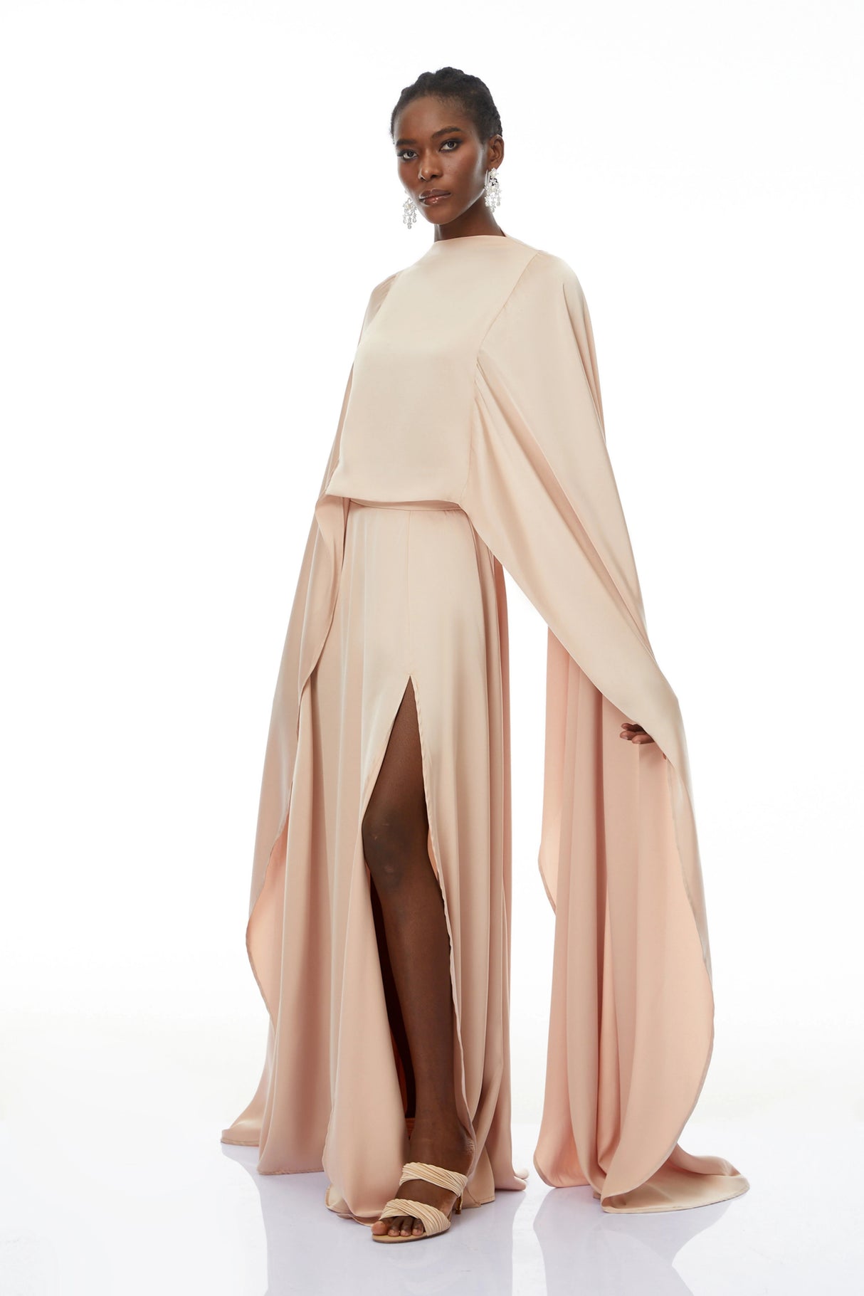 Everleigh Champagne Satin Top Skirt Set With Cape Detail