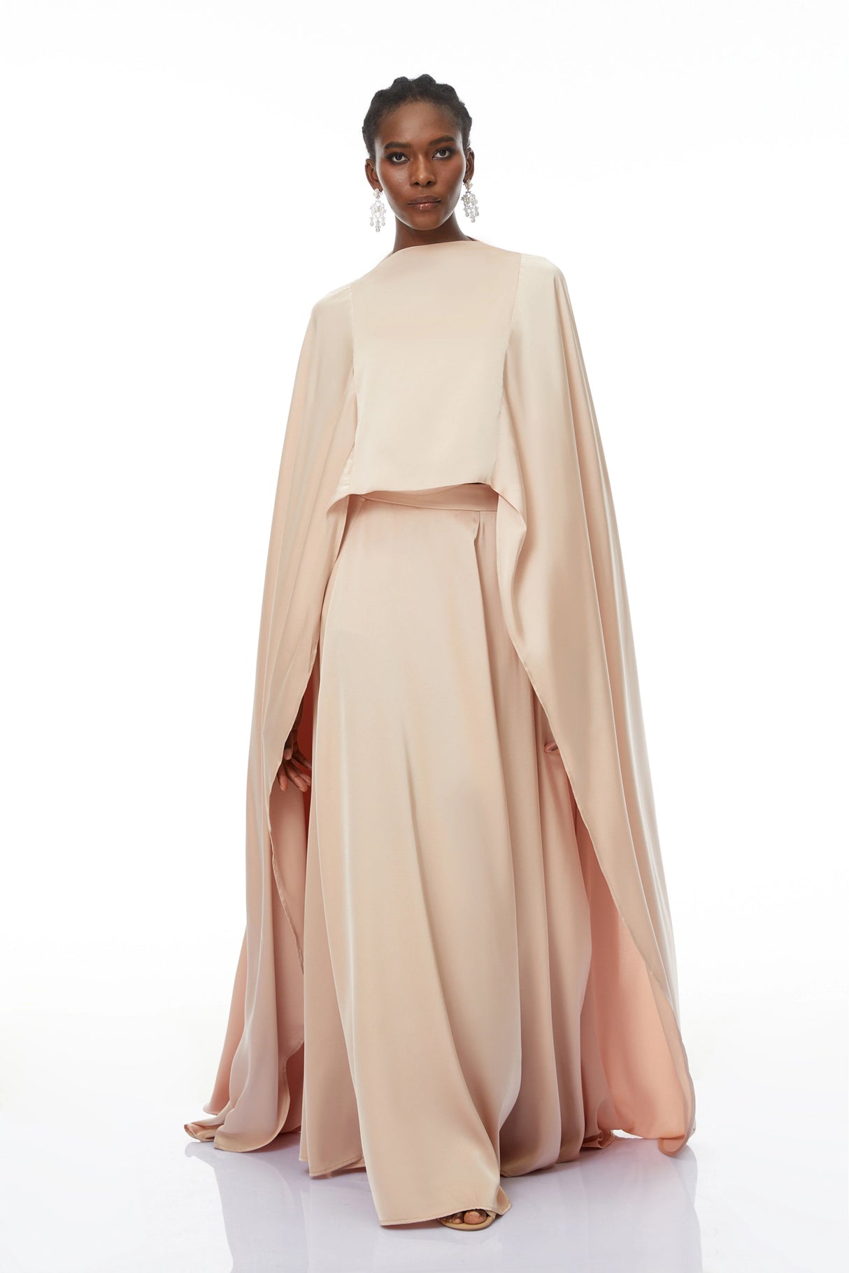 Everleigh Champagne Satin Top Skirt Set With Cape Detail