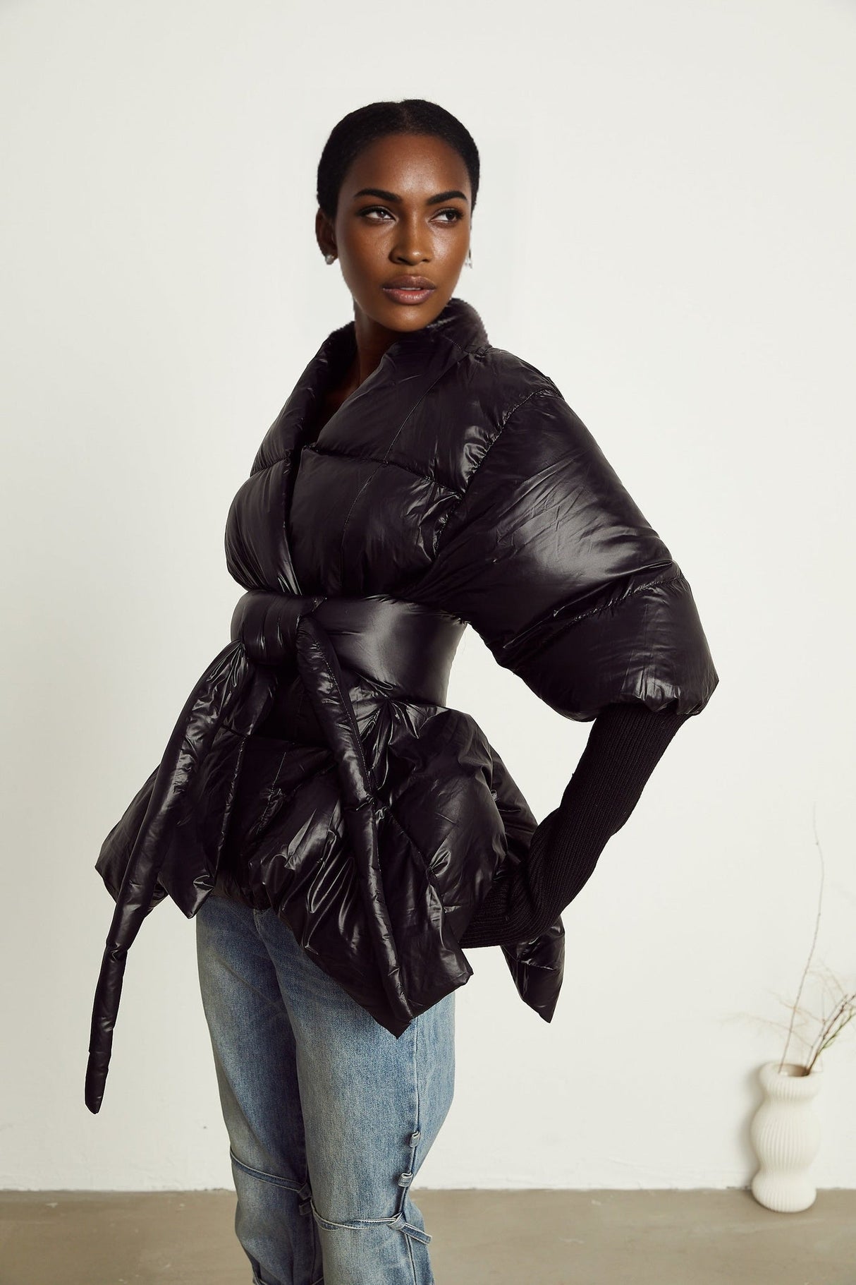 Everleigh Jacket - Padded Design - Knitted Panels - Belted Waist - Asymmetric Hem