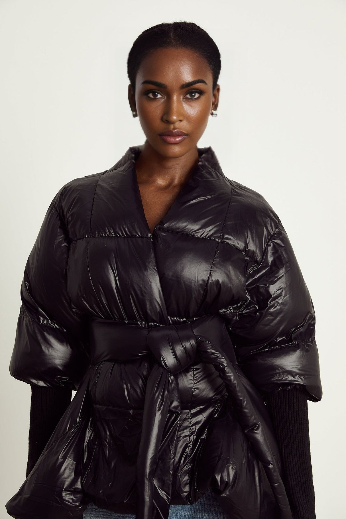 Everleigh Jacket - Padded Design - Knitted Panels - Belted Waist - Asymmetric Hem