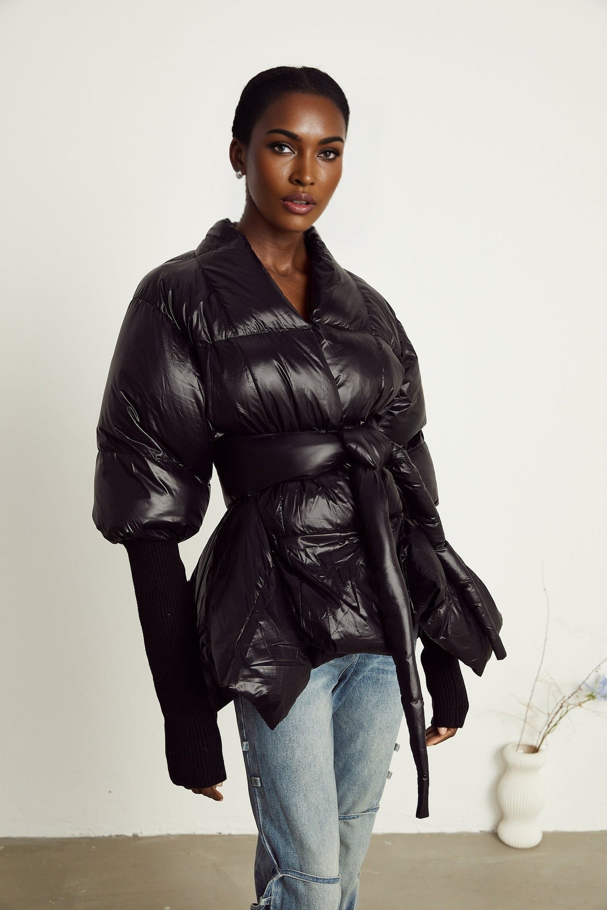 Everleigh Jacket - Padded Design - Knitted Panels - Belted Waist - Asymmetric Hem