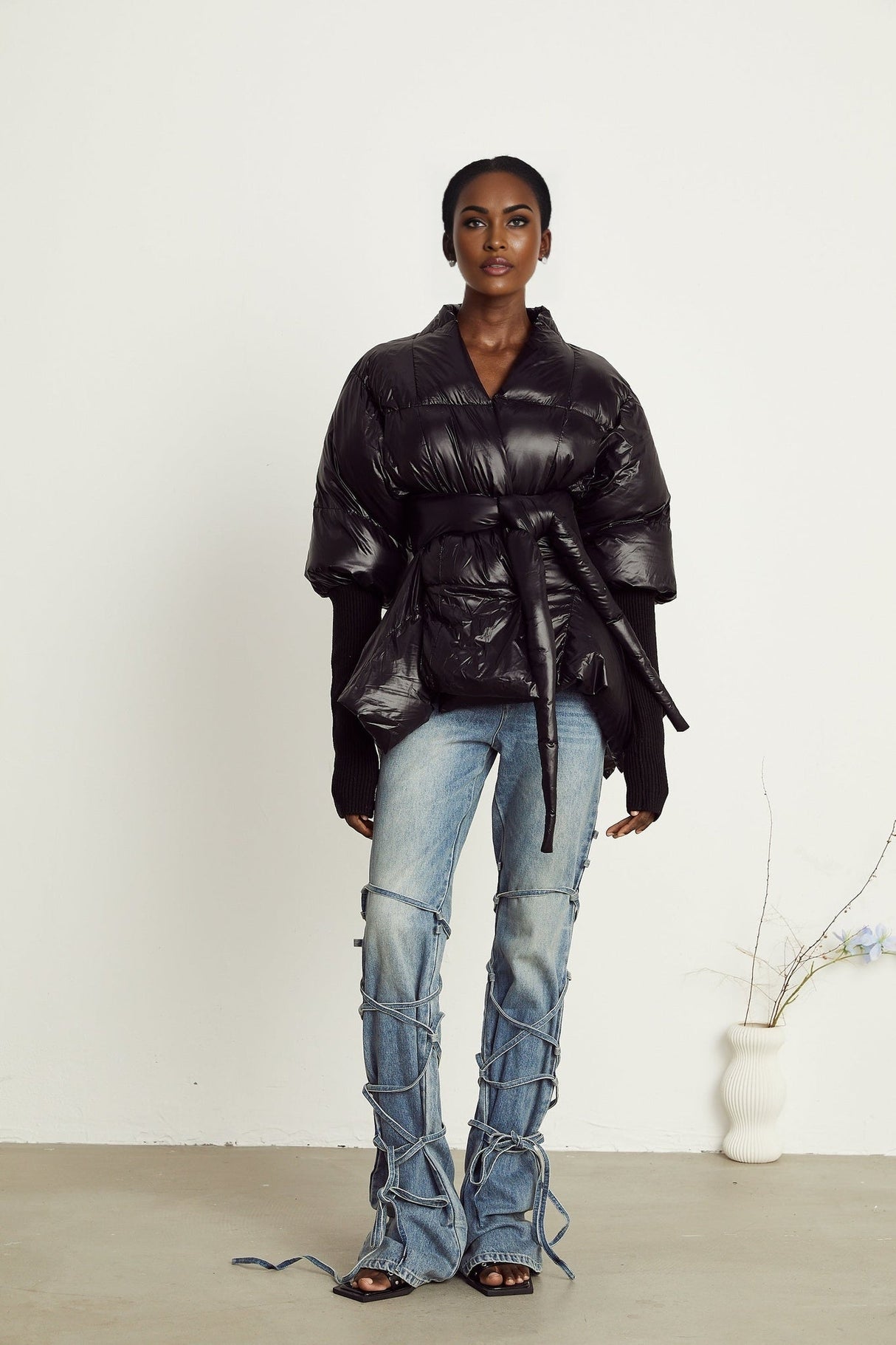 Everleigh Jacket - Padded Design - Knitted Panels - Belted Waist - Asymmetric Hem