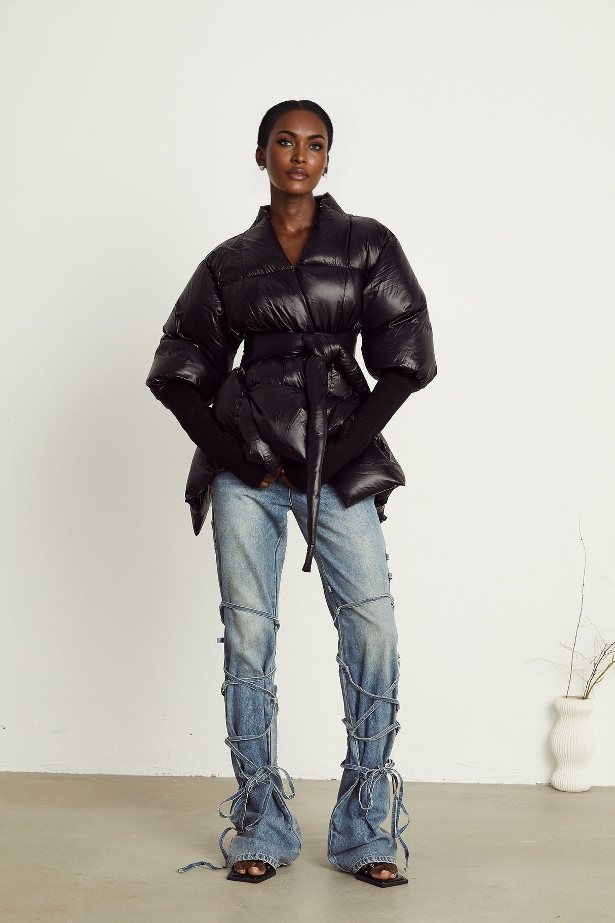 Everleigh Jacket - Padded Design - Knitted Panels - Belted Waist - Asymmetric Hem